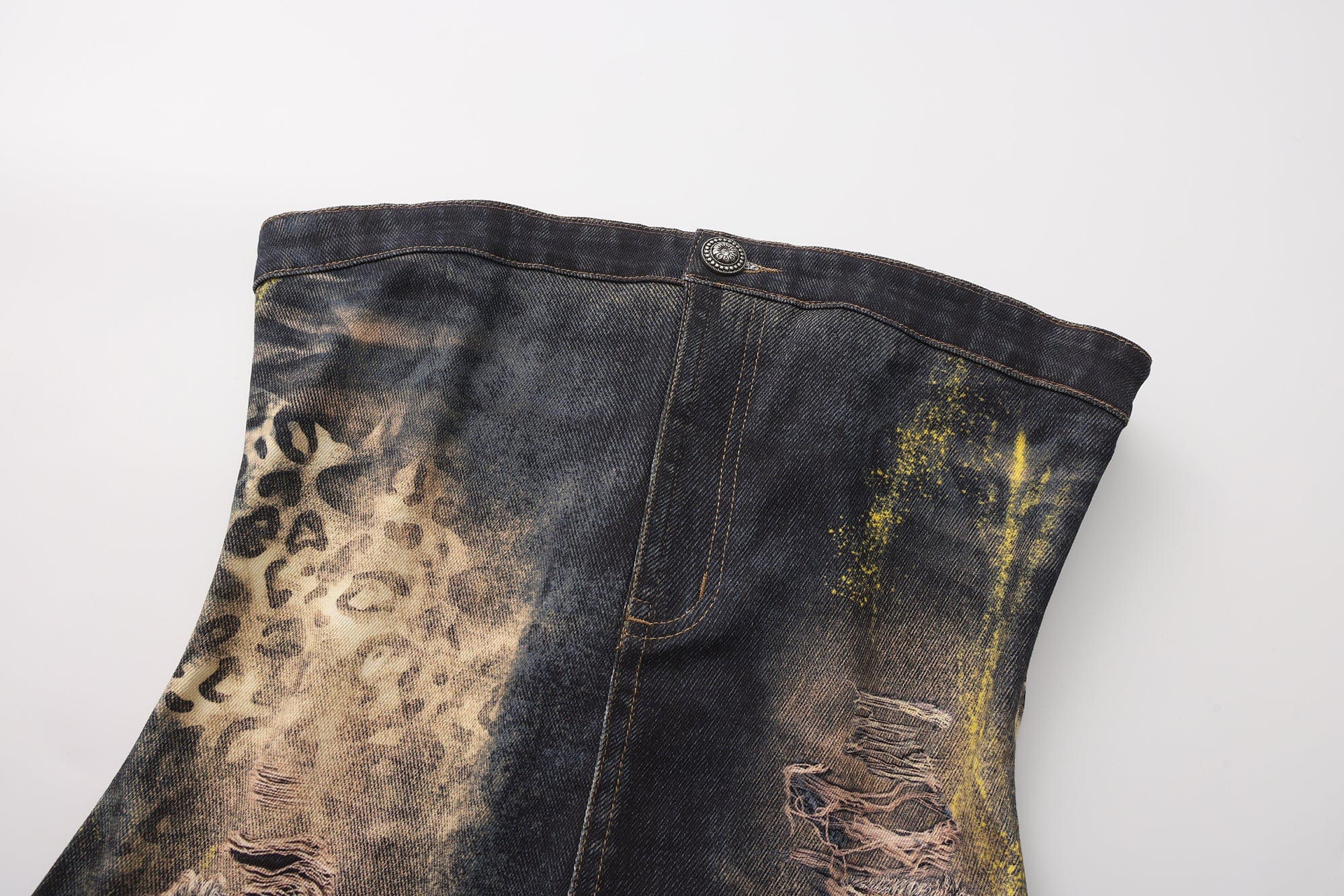 FAYCHUI Foil-Dusted Distressed Leopard Tube Denim Dress