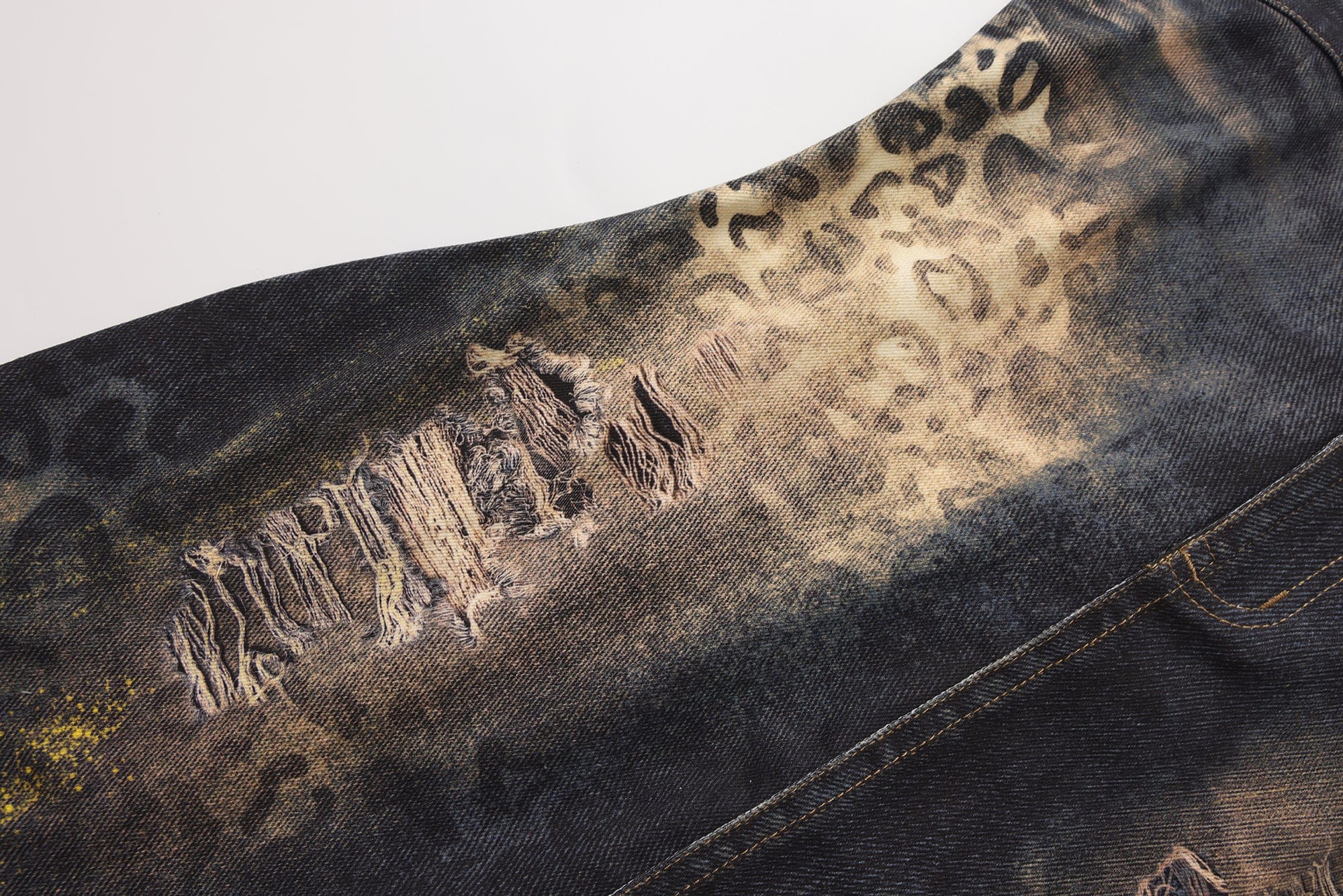 FAYCHUI Foil-Dusted Distressed Leopard Tube Denim Dress