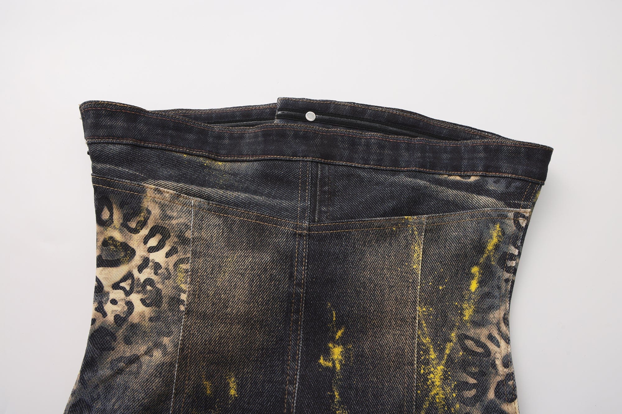 FAYCHUI Foil-Dusted Distressed Leopard Tube Denim Dress