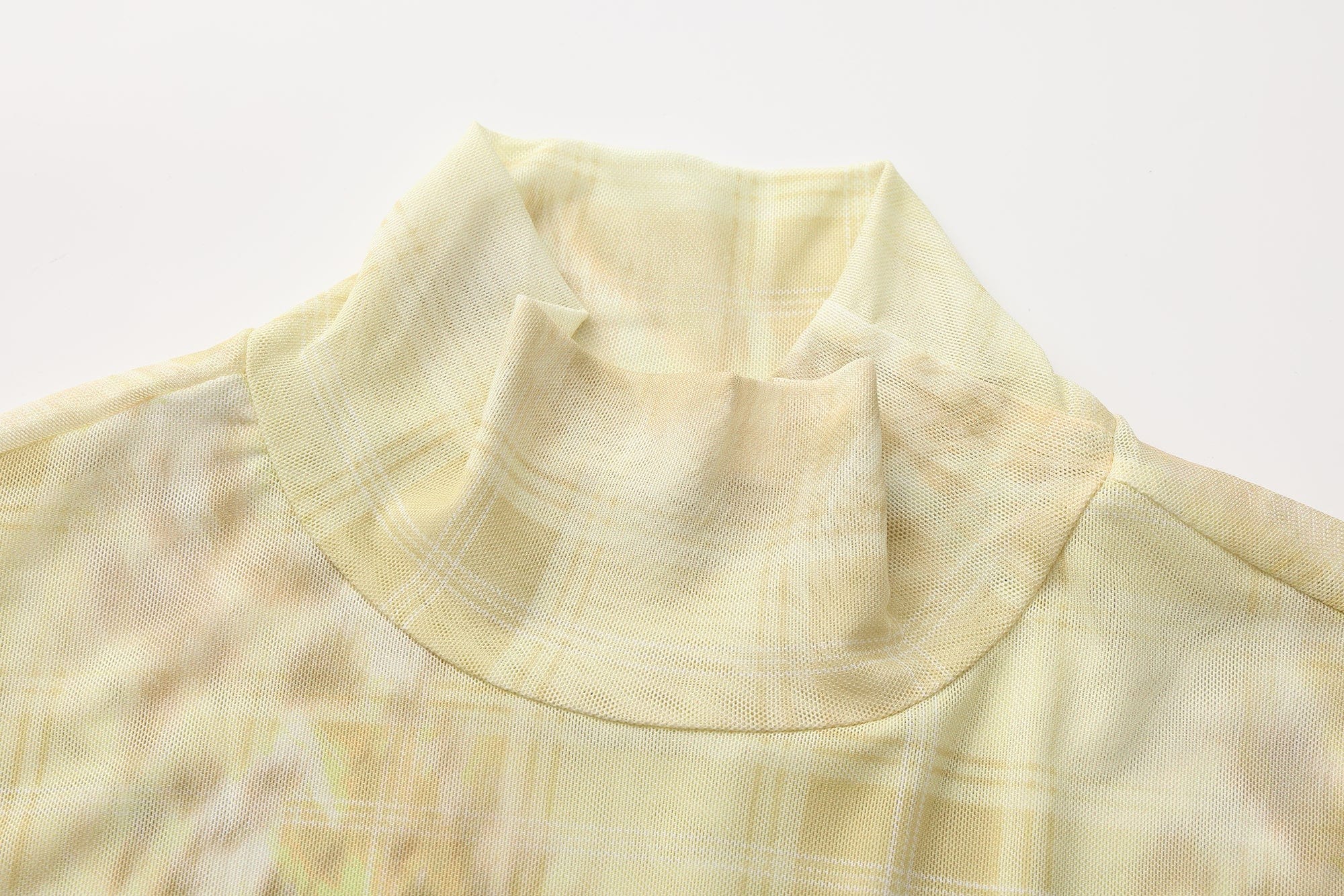 FAYCHUI Leopard Plaid Sheer Mesh Long Sleeve Tee