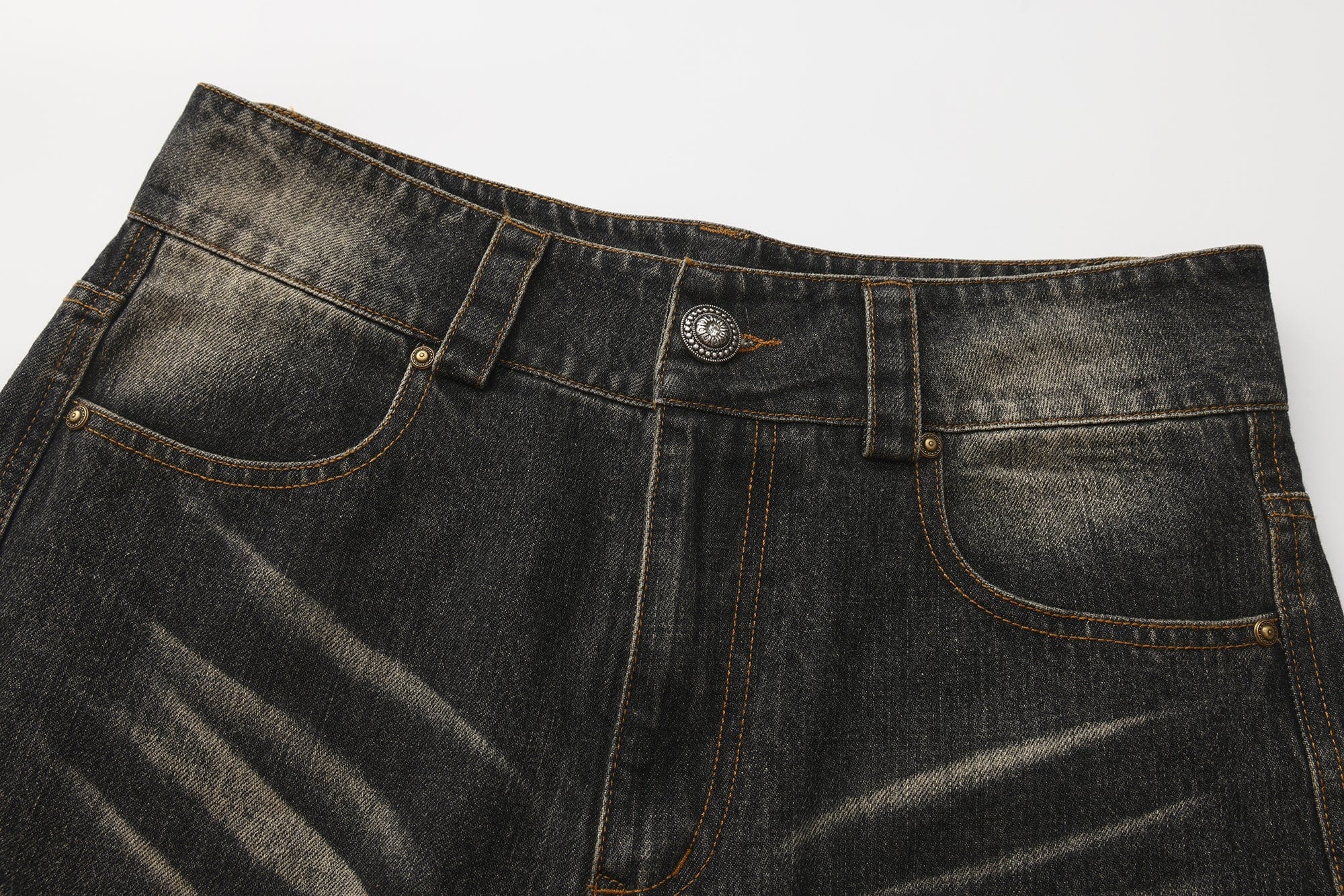 FAYCHUI Washed Whiskered Rhinestone Jeans