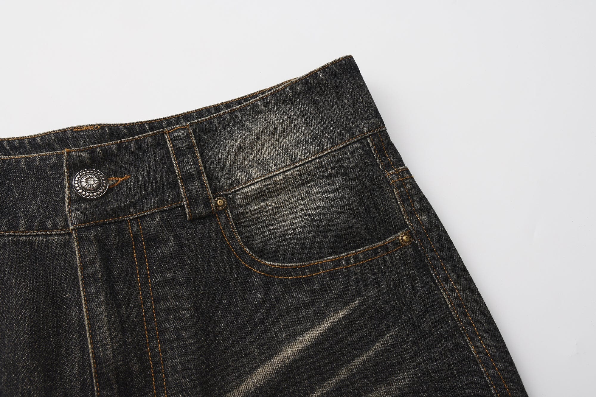 FAYCHUI Washed Whiskered Rhinestone Jeans