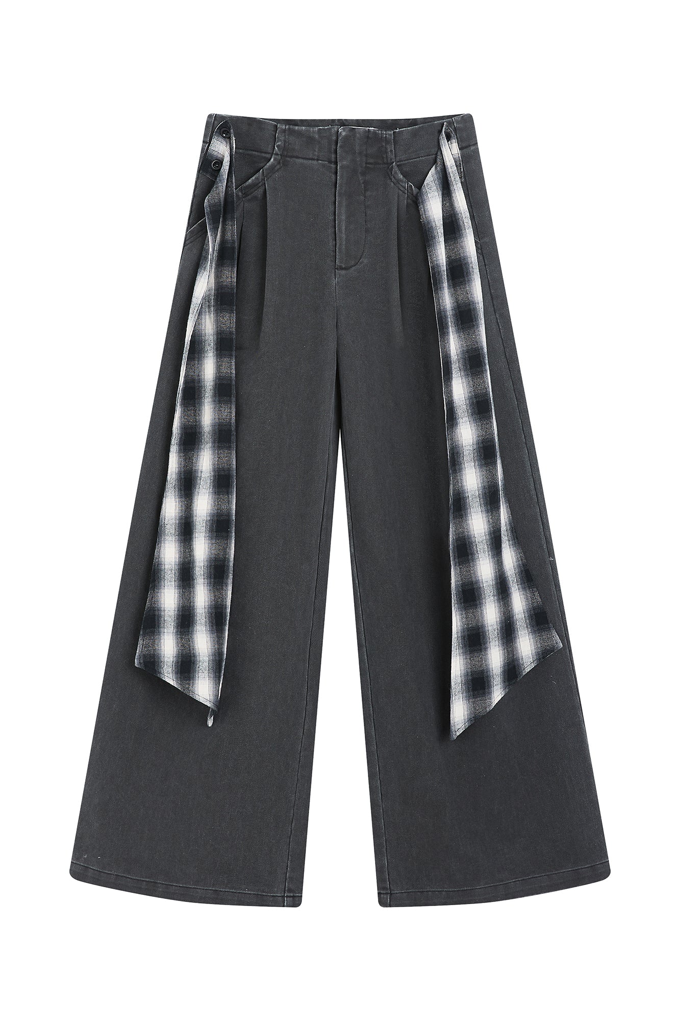 SAME FLOW Plaid Belt Pleated Wide-Leg Pants