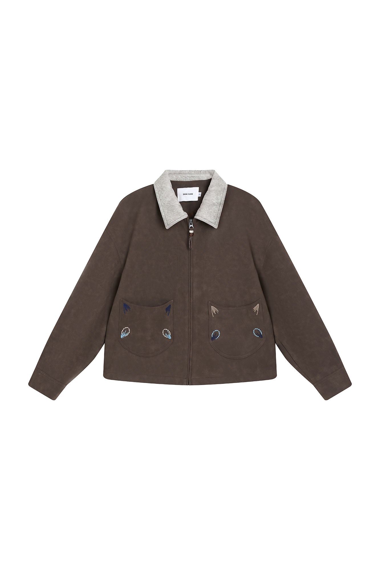 SAME FLOW Contrast Collar Embroidered Suede Jacket