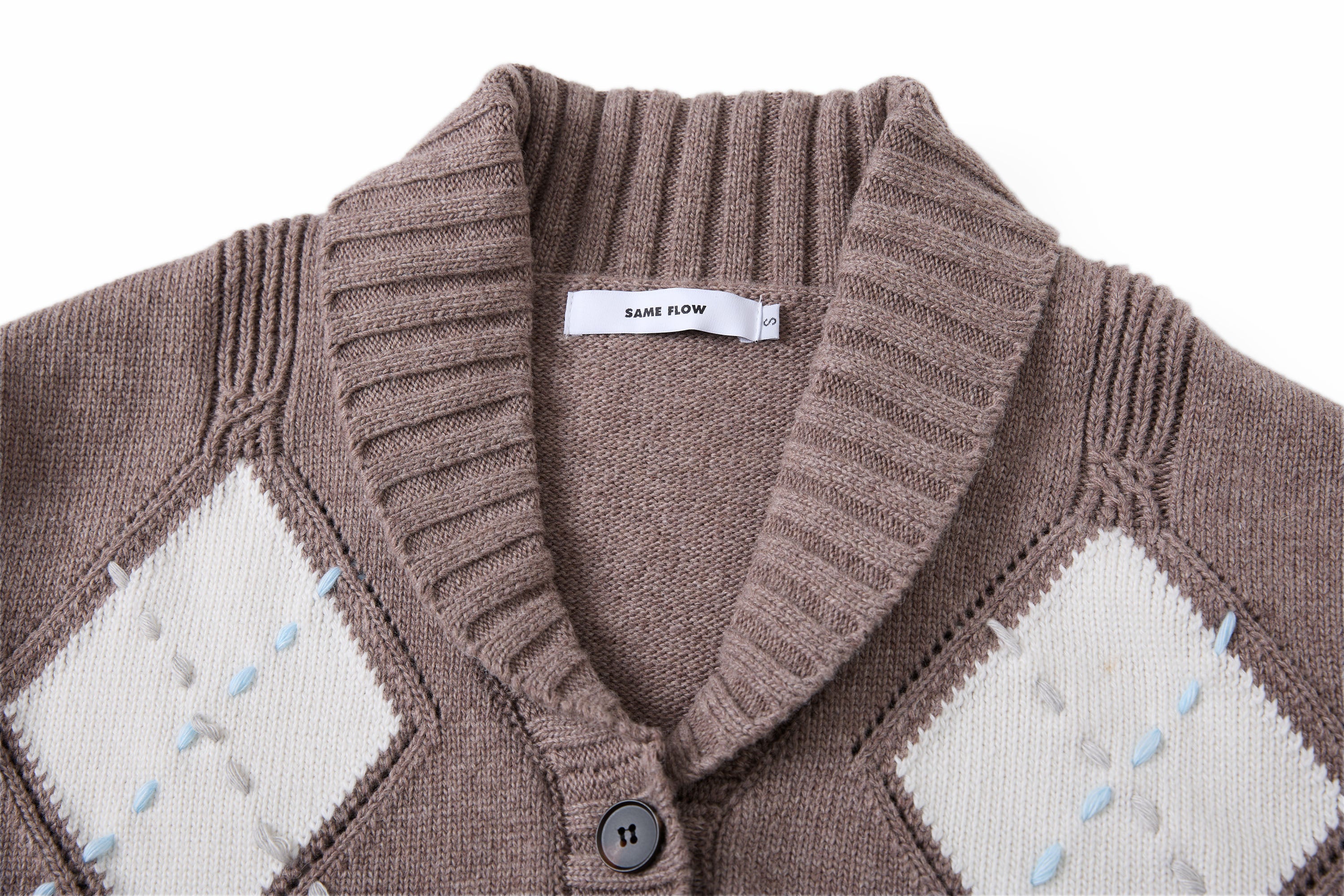 SAME FLOW Argyle Embroidered Shawl-Collar Cardigan