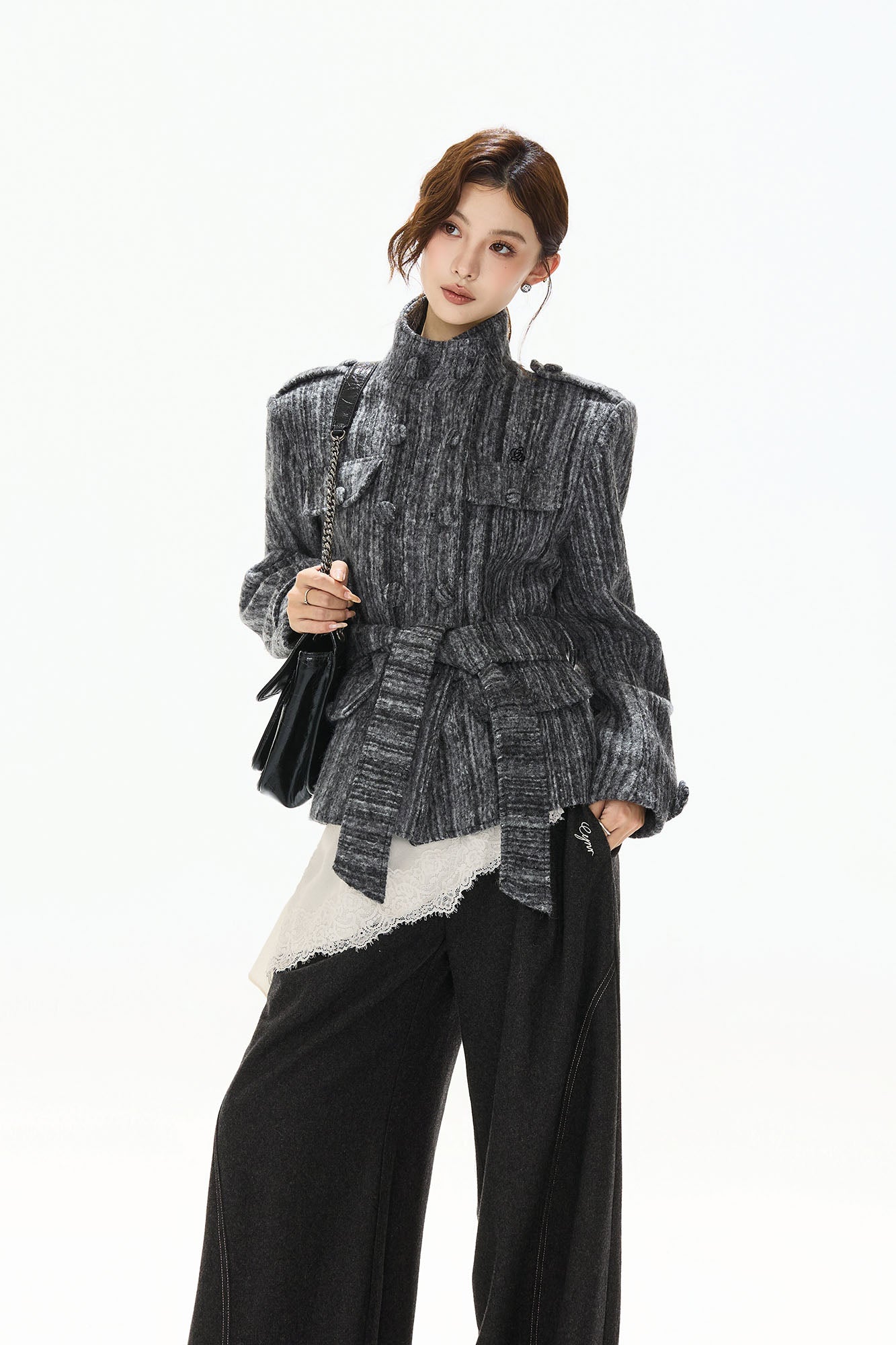 CYNR Woolen Double-Breasted High-Neck Belted Jacket