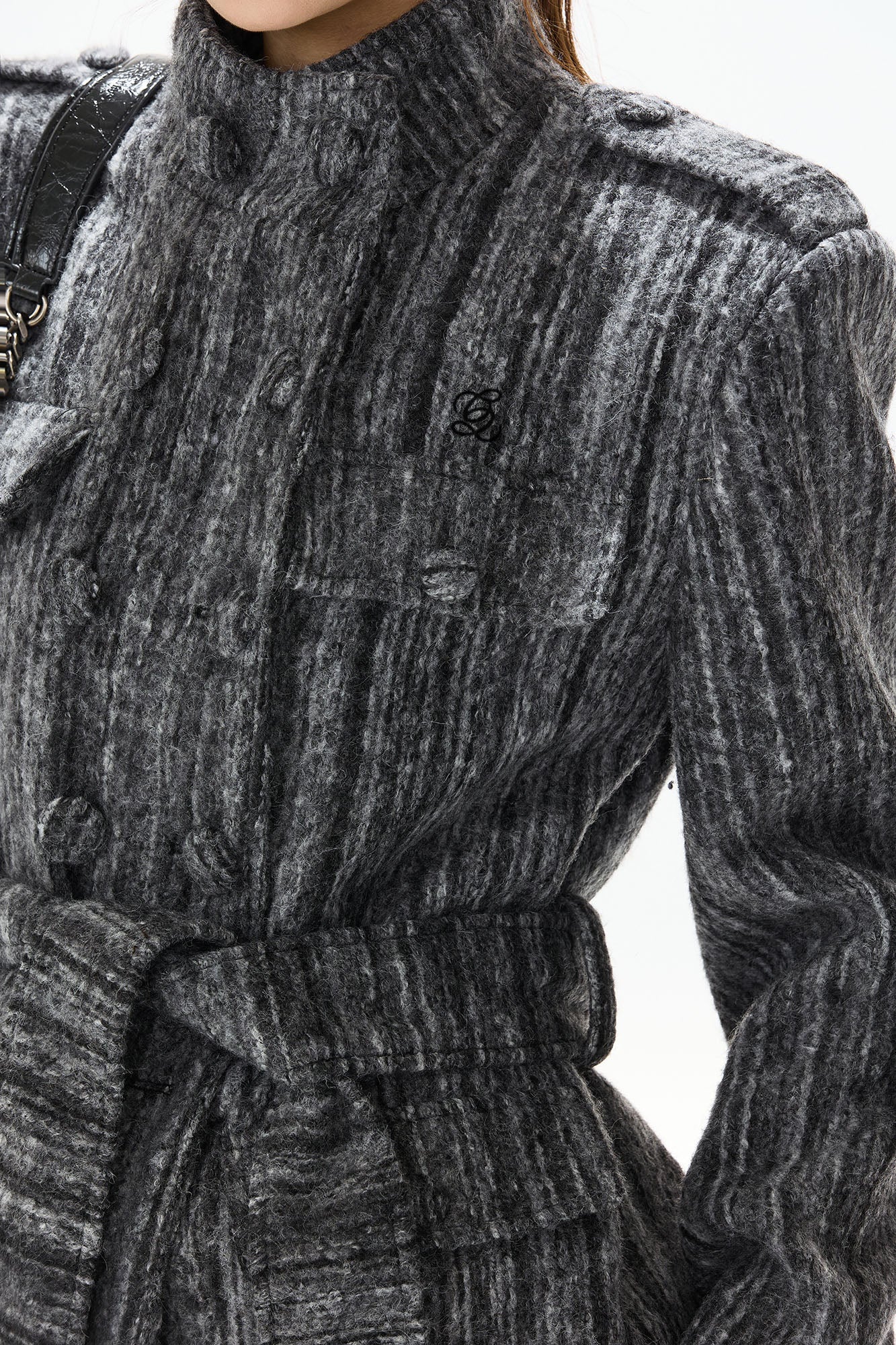 CYNR Woolen Double-Breasted High-Neck Belted Jacket
