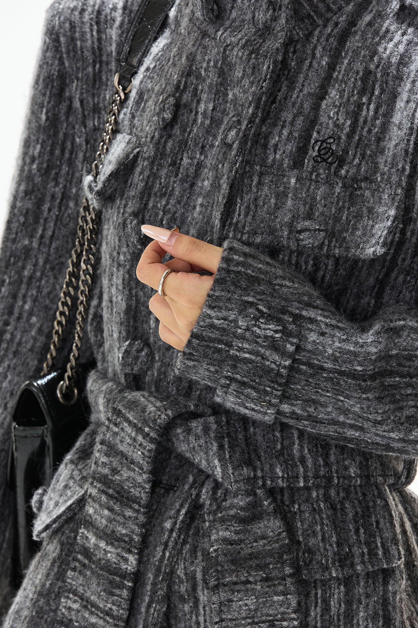 CYNR Woolen Double-Breasted High-Neck Belted Jacket