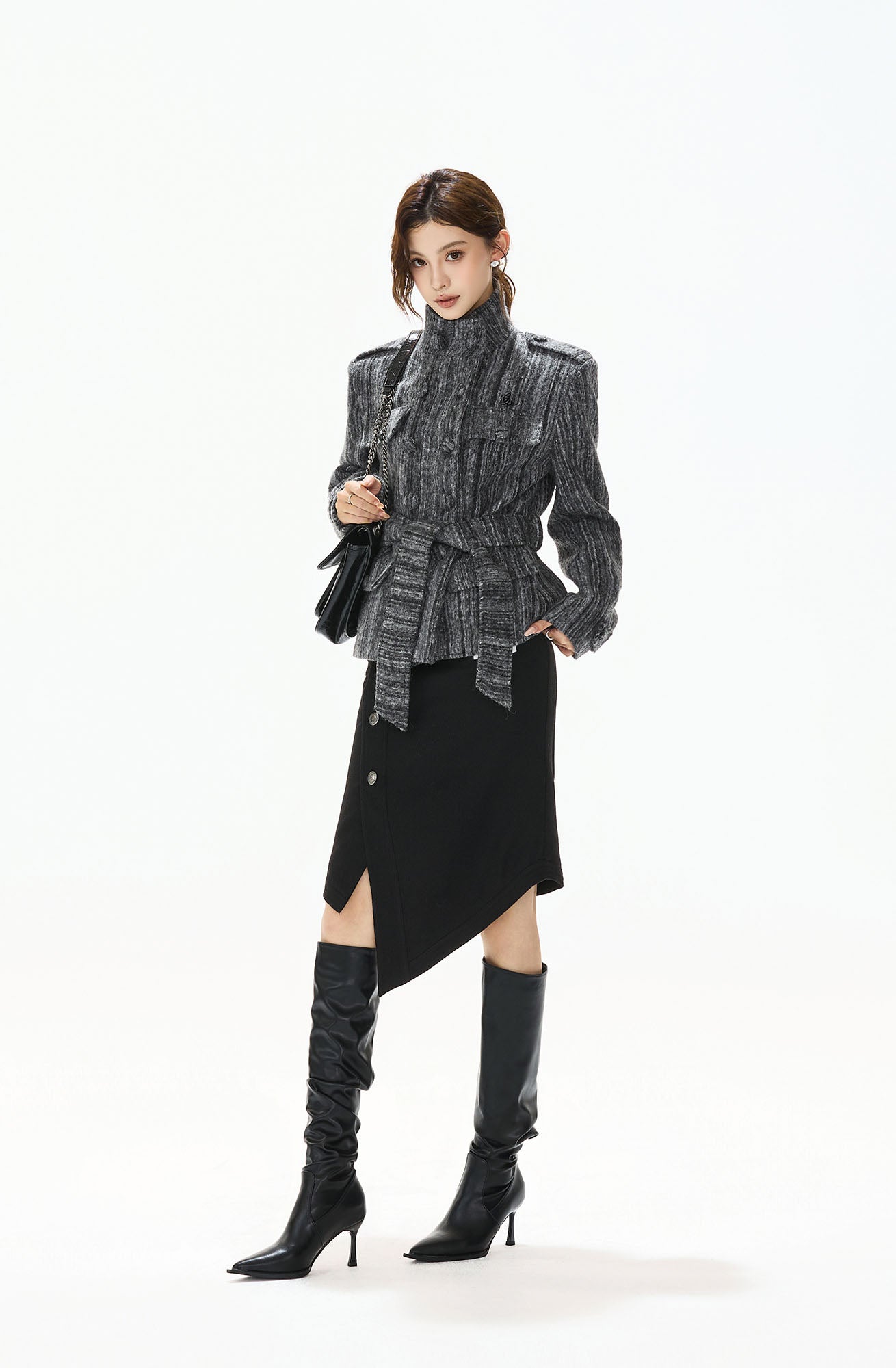 CYNR Woolen Double-Breasted High-Neck Belted Jacket
