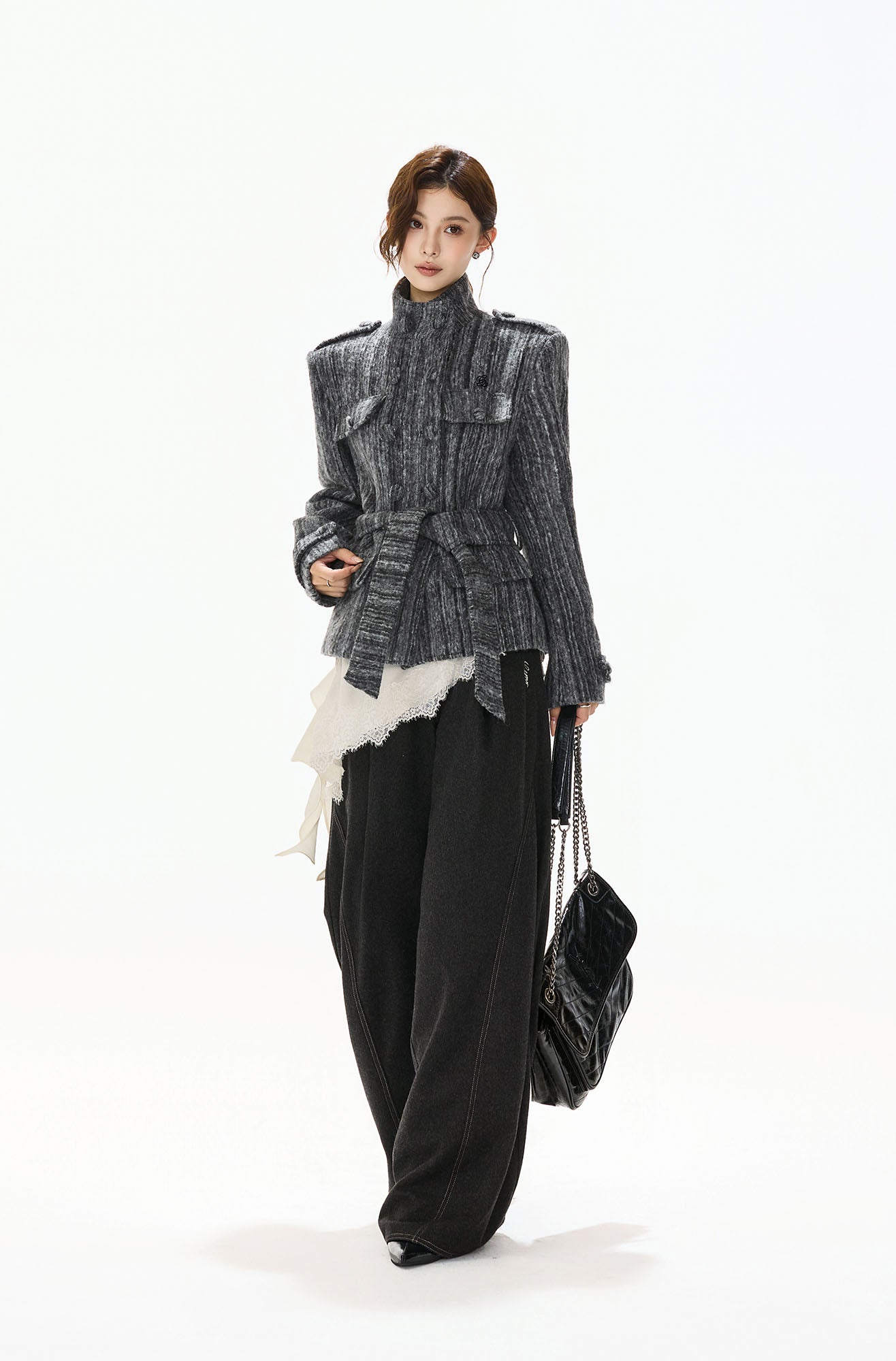 CYNR Woolen Double-Breasted High-Neck Belted Jacket