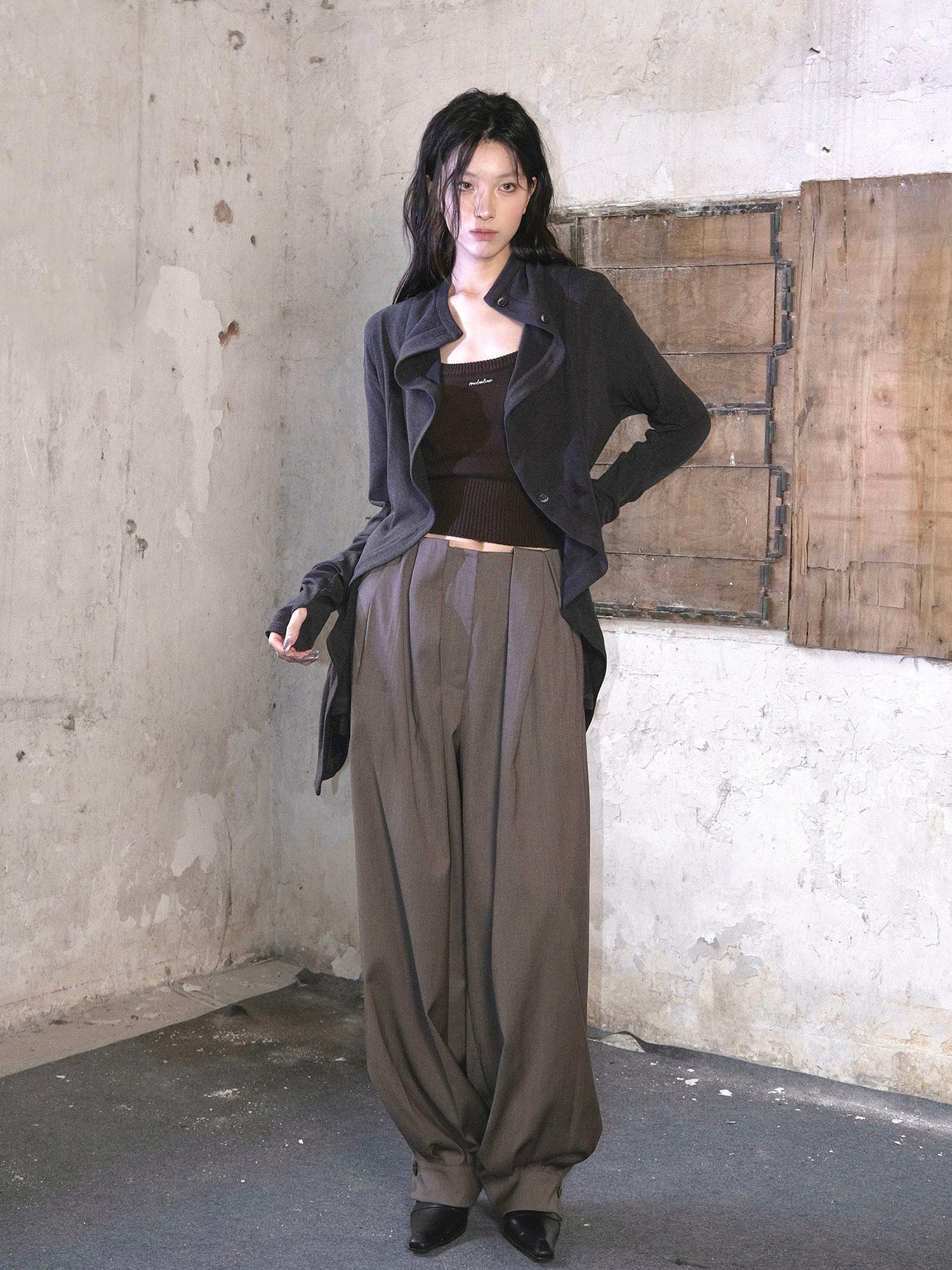 WHYNOTDANCE Ruffle-Front Mock Draped Cardigan