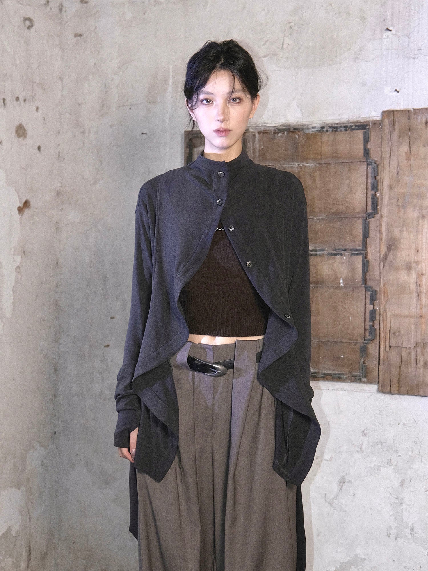 WHYNOTDANCE Ruffle-Front Mock Draped Cardigan