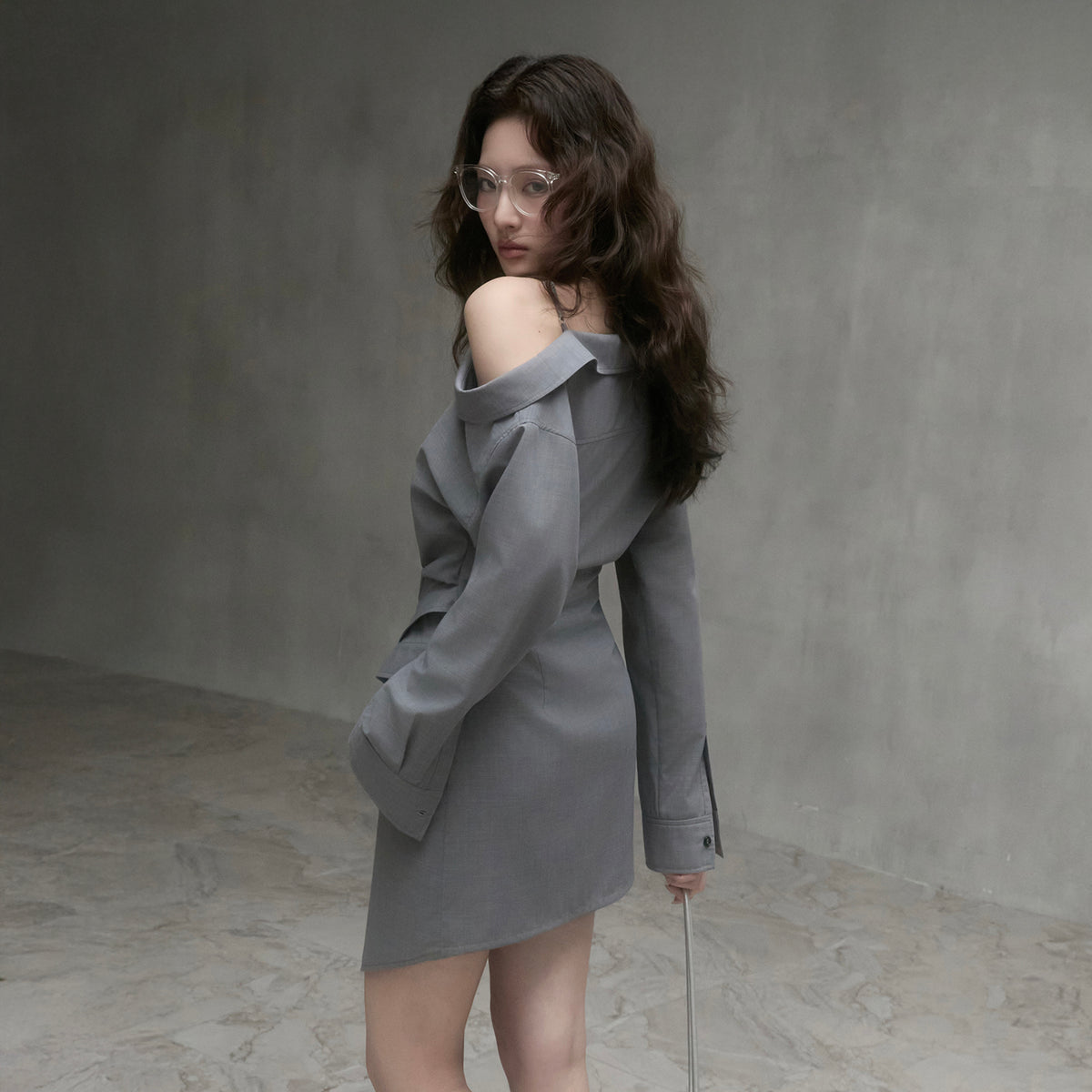 MXU Deconstructed Off-Shoulder Linen Wool Shirt Dress