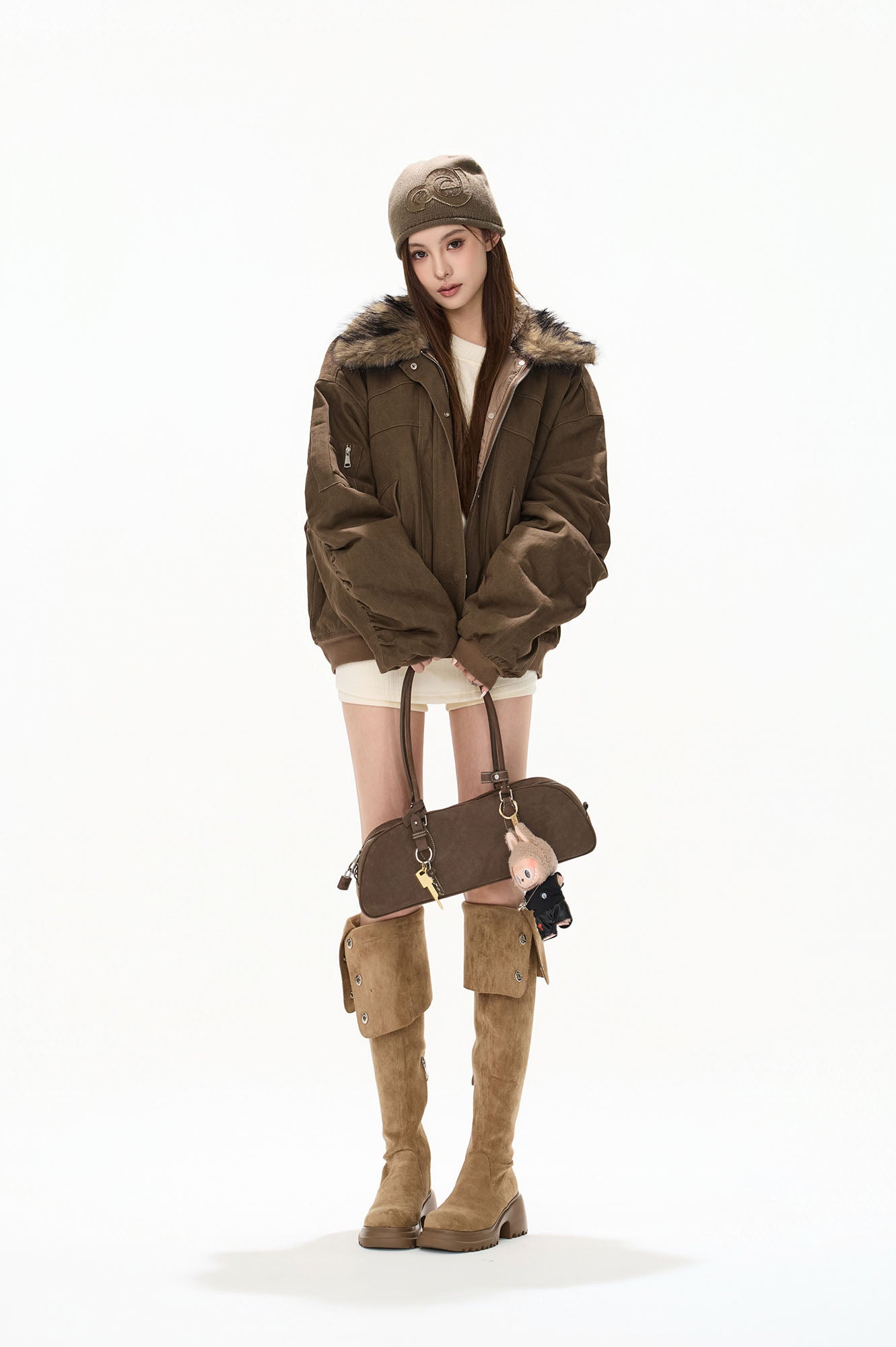 CYGNENOYR Faux Fur-Trim Utility Bomber Jacket