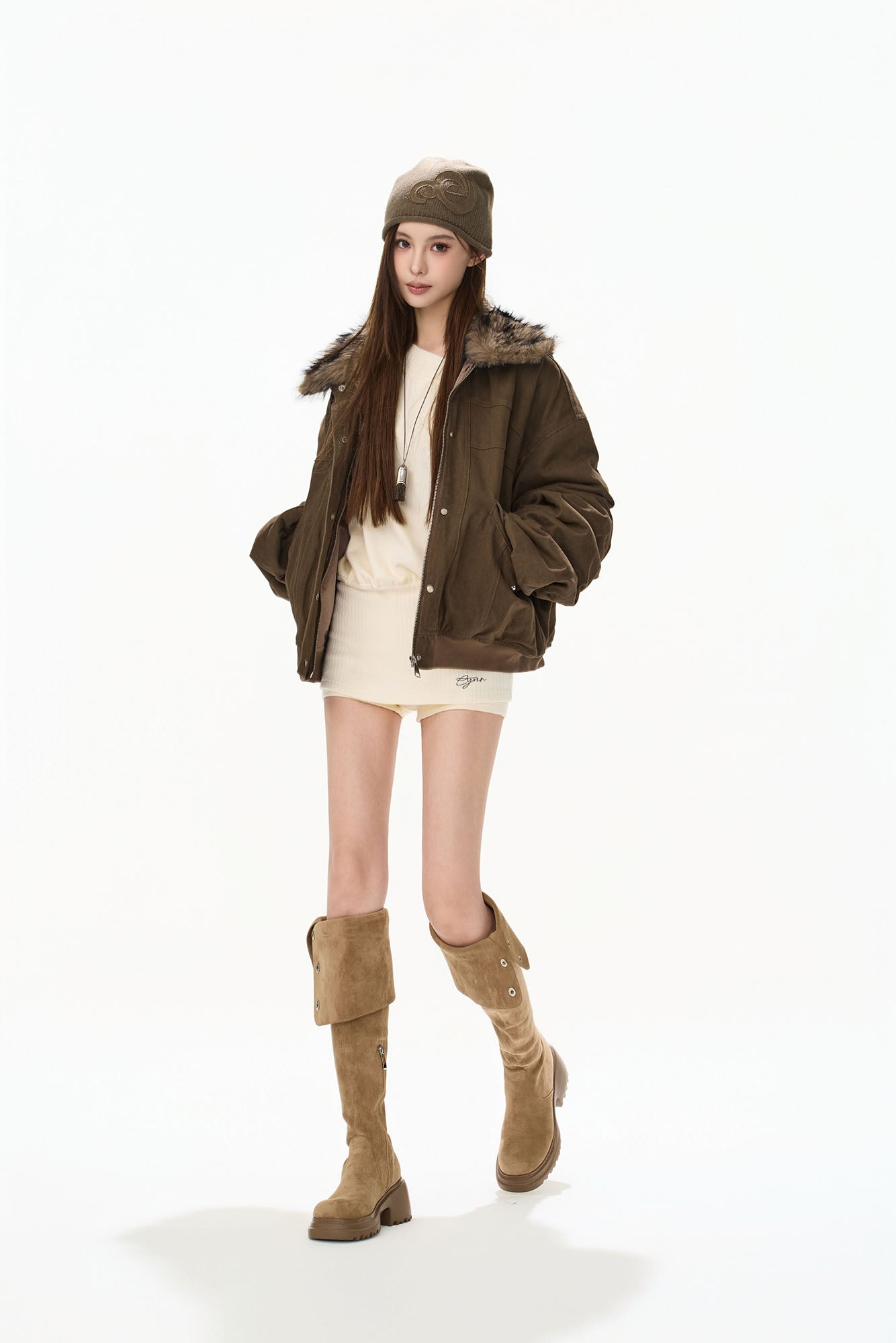 CYGNENOYR Faux Fur-Trim Utility Bomber Jacket