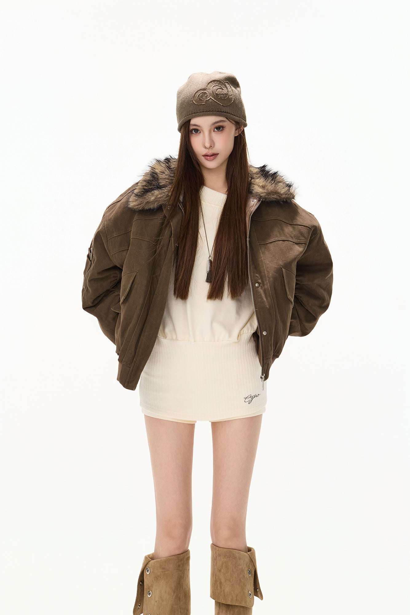 CYGNENOYR Faux Fur-Trim Utility Bomber Jacket