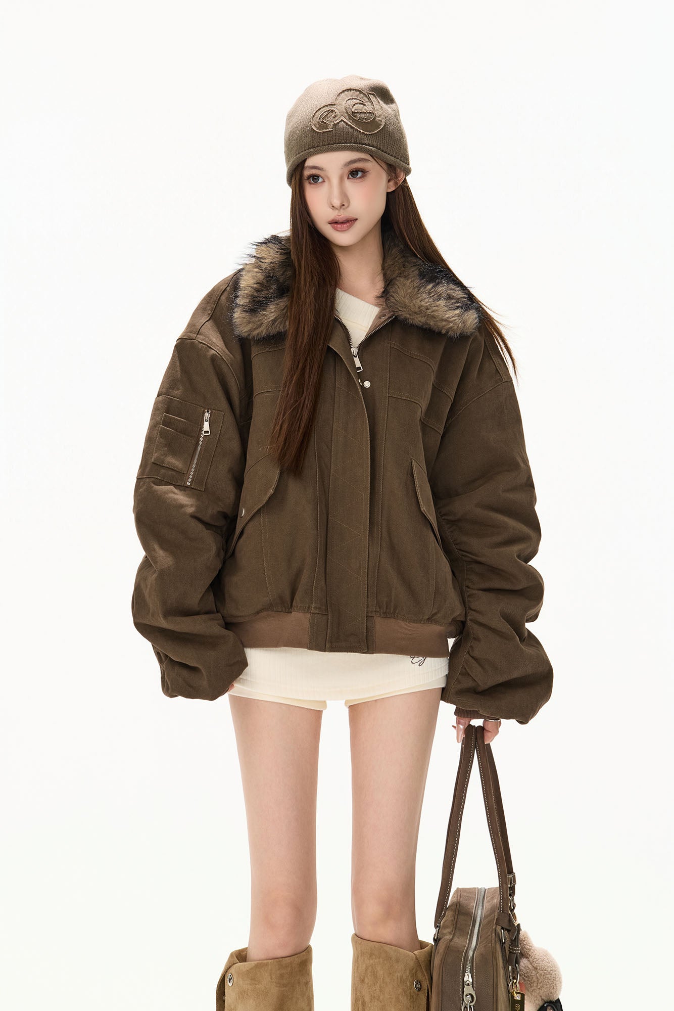 CYGNENOYR Faux Fur-Trim Utility Bomber Jacket