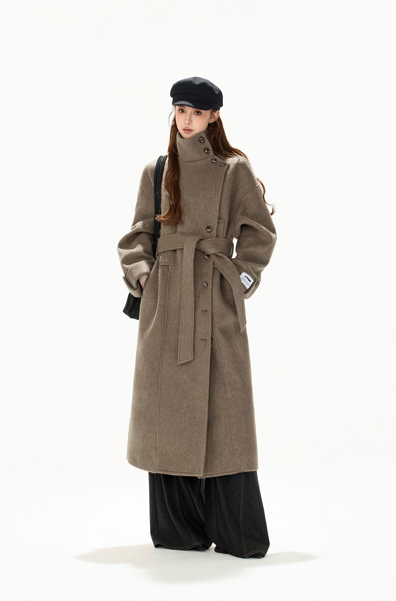 CYGNENOYR Modern Asymmetric Belted Longline Coat