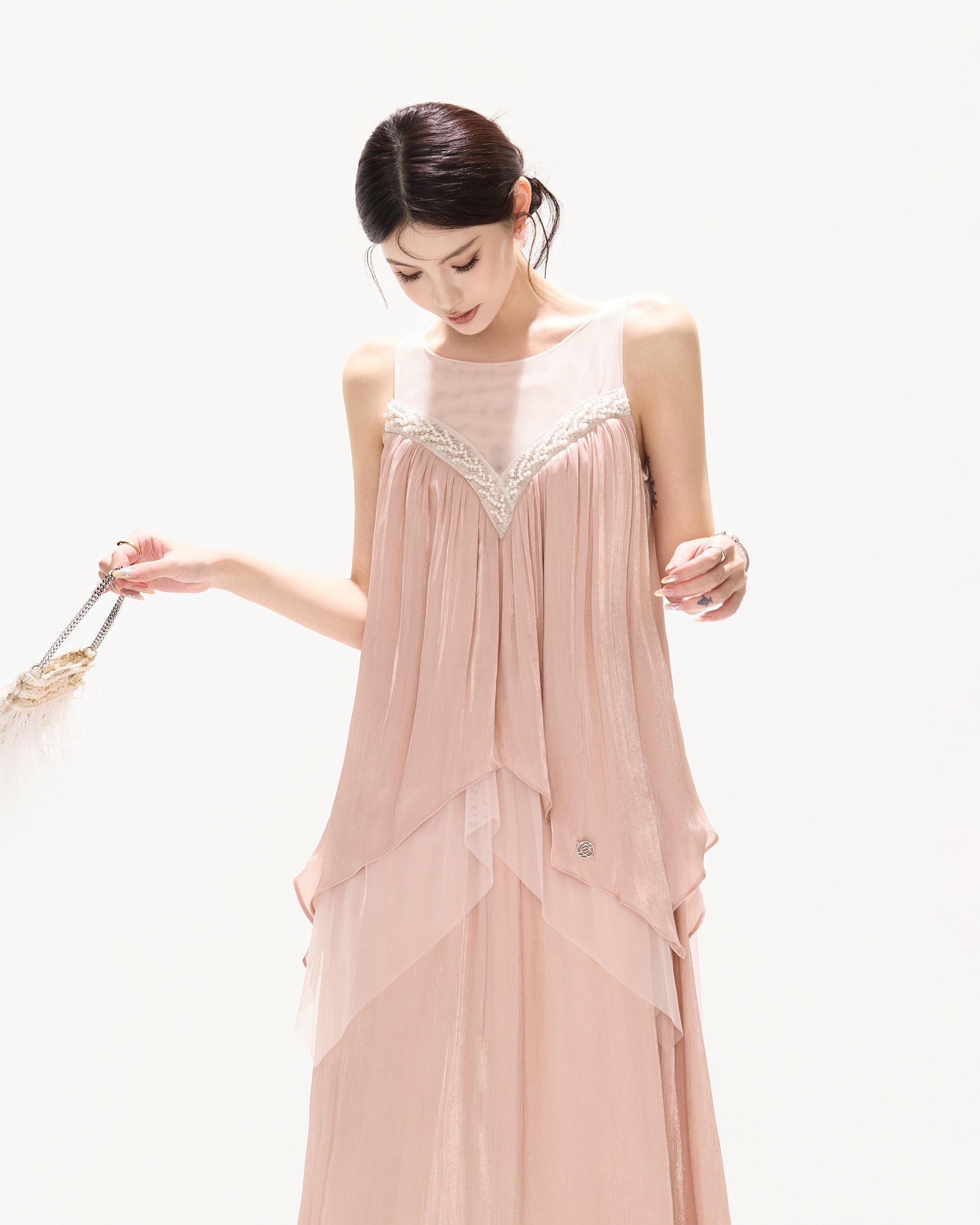 CYNR Beaded Shimmer Pleated Layered Maxi Dress