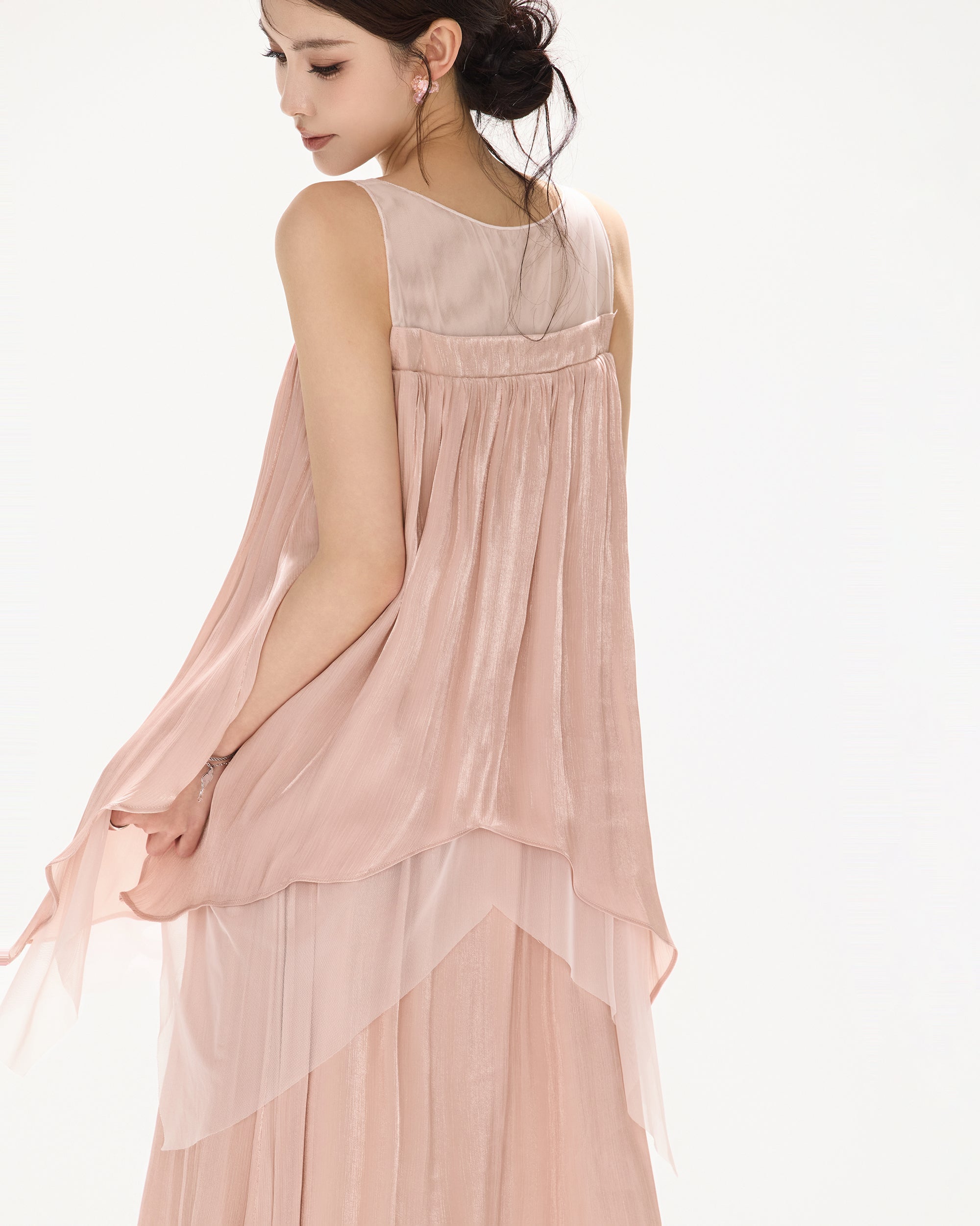 CYNR Beaded Shimmer Pleated Layered Maxi Dress
