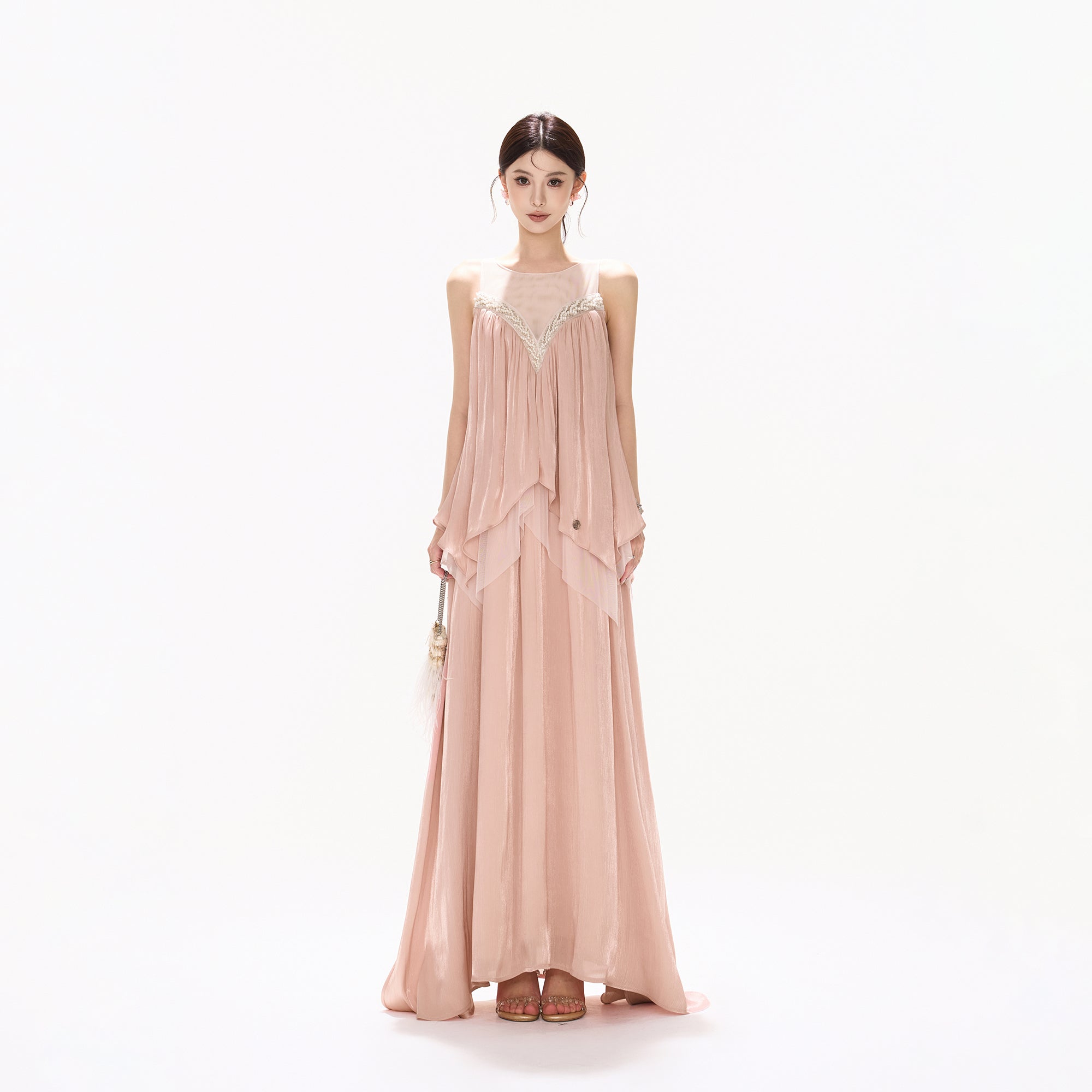CYNR Beaded Shimmer Pleated Layered Maxi Dress