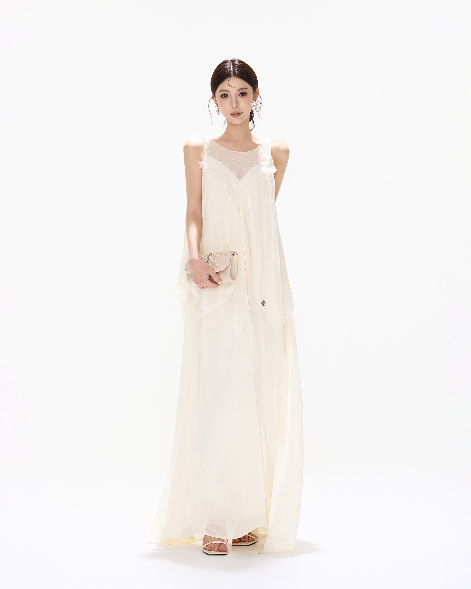 CYNR Layered Mesh-Spliced Sleeveless Maxi Dress