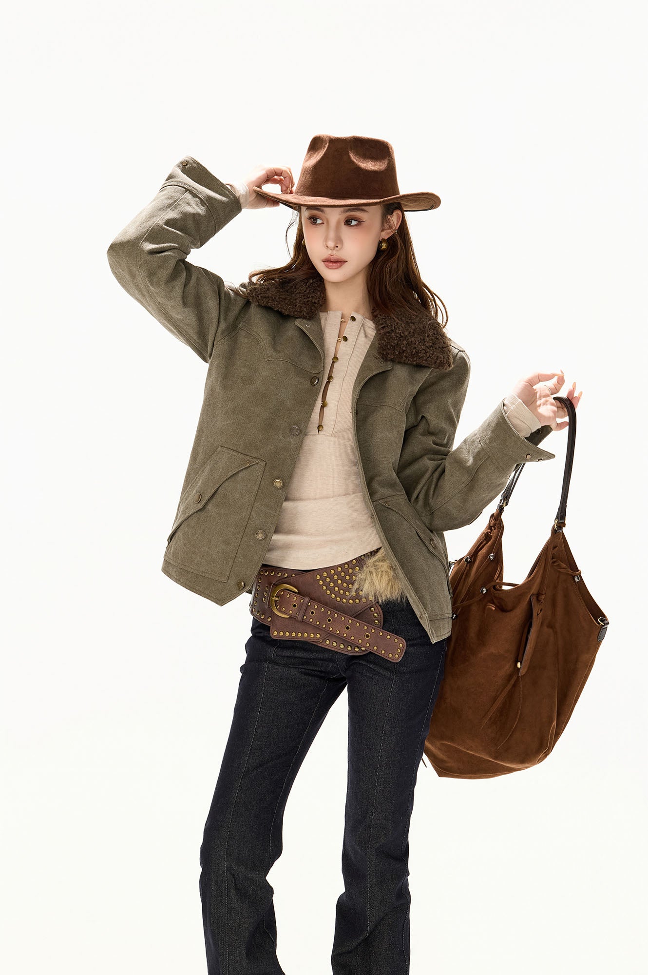 CYGNENOYR Detachable Sherpa Trim Washed Jacket