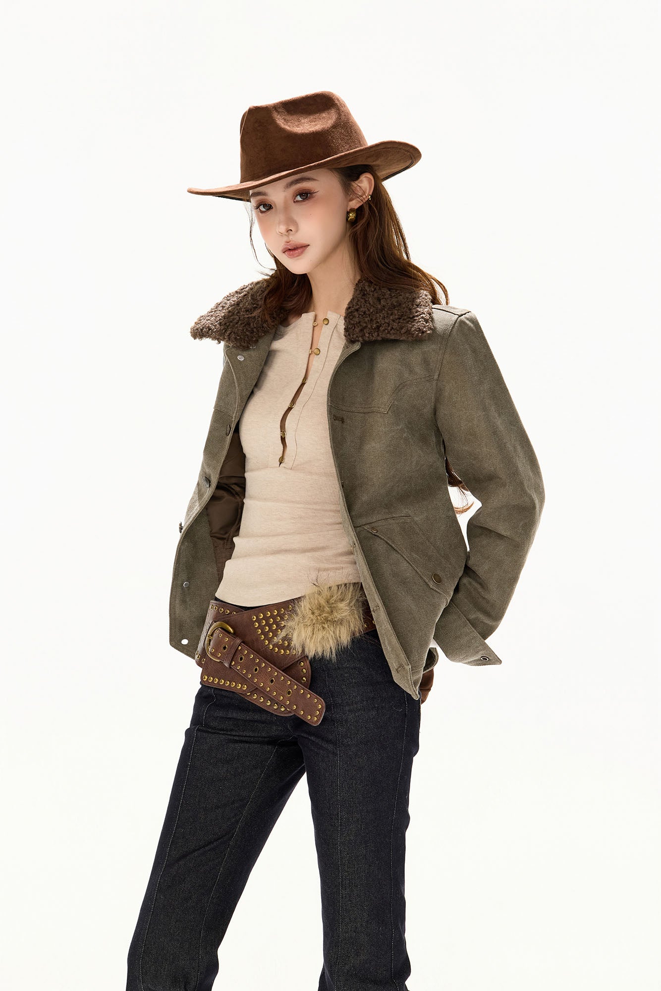 CYGNENOYR Detachable Sherpa Trim Washed Jacket