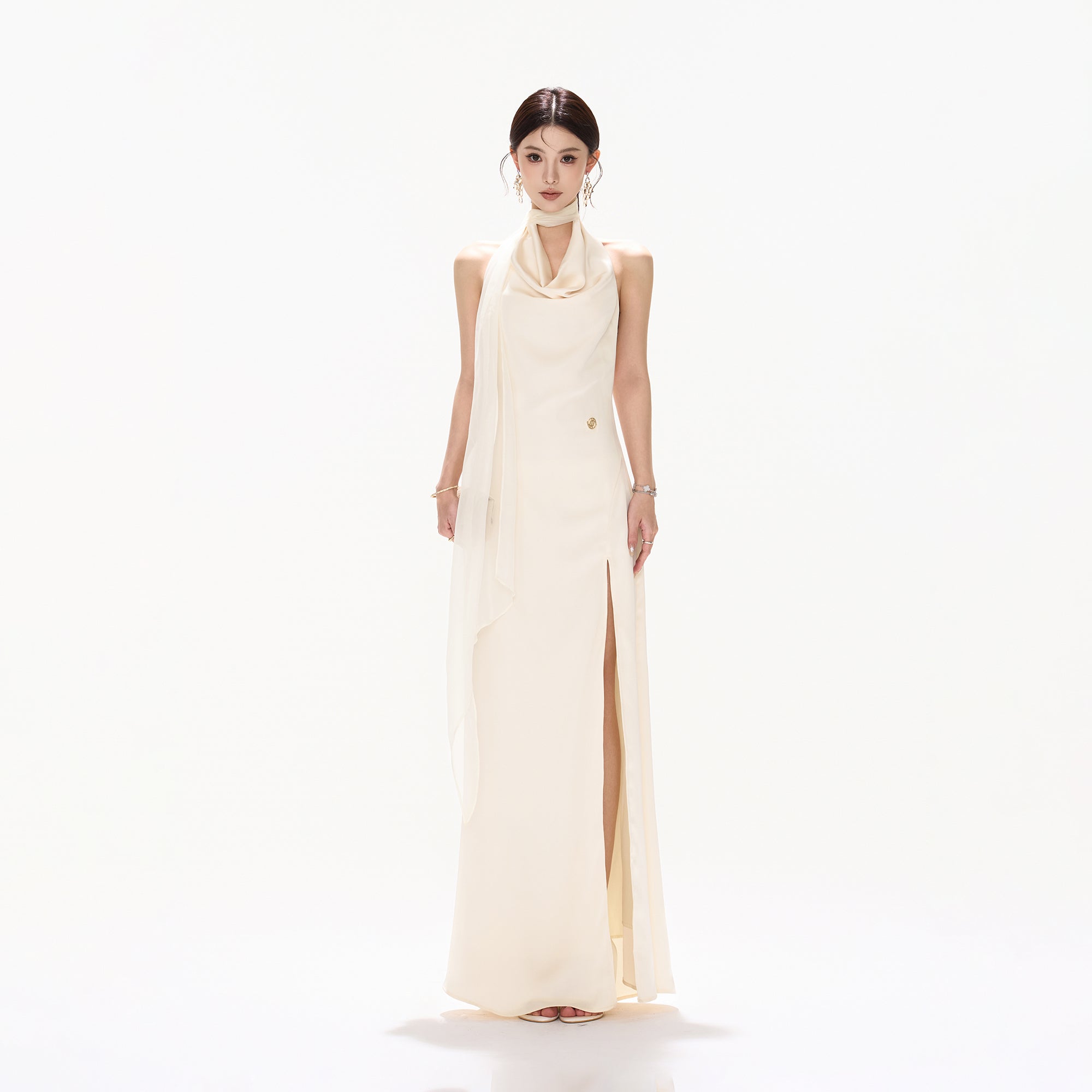 CYNR Draped Scarf-Neck Open-Back Satin Maxi Dress