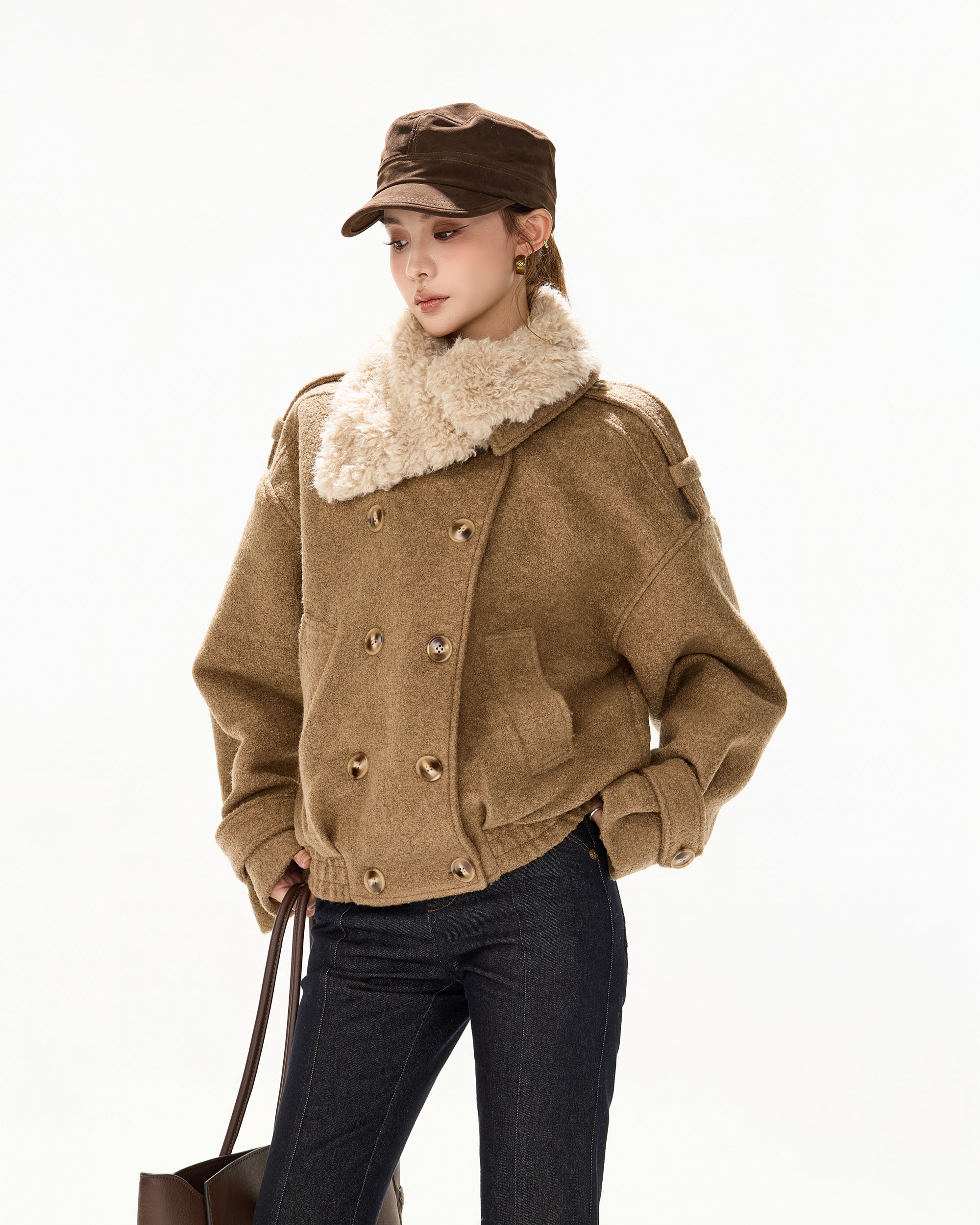 CYGNENOYR Asymmetric Detachable-Collar Wool-Blend Coat