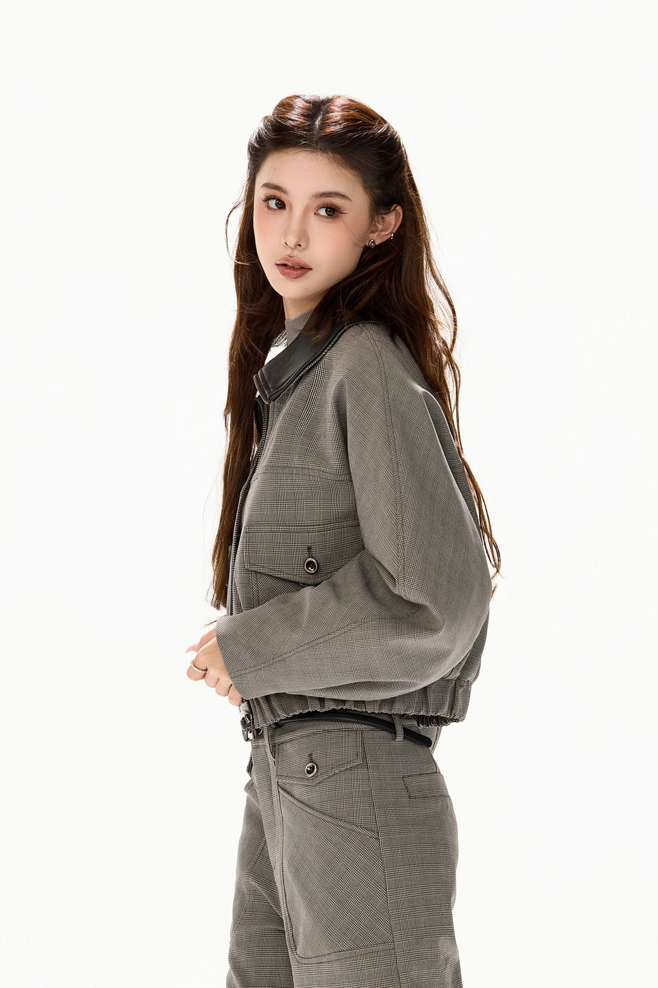 CYNR Retro Plaid Panel Raglan Cropped Jacket