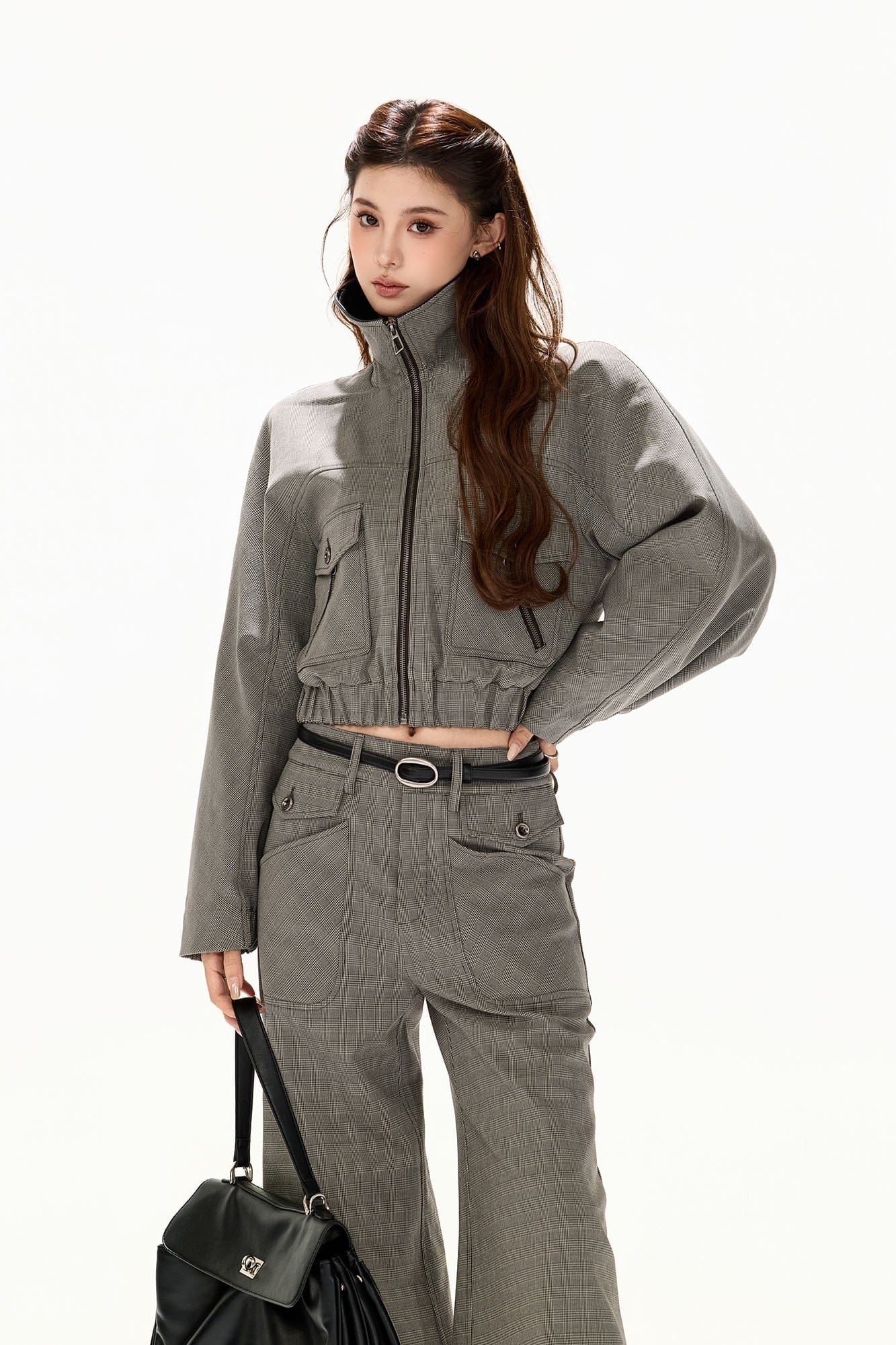 CYNR Retro Plaid Panel Raglan Cropped Jacket