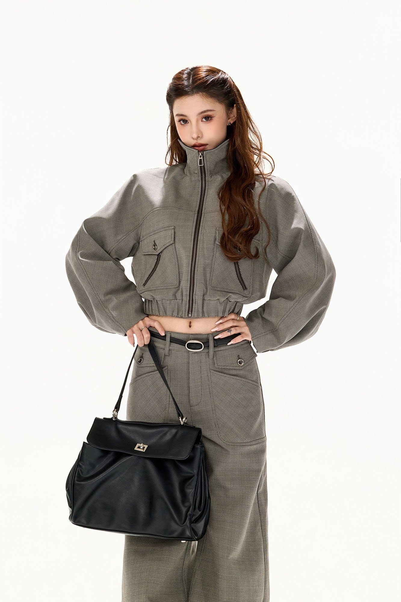 CYNR Retro Plaid Panel Raglan Cropped Jacket