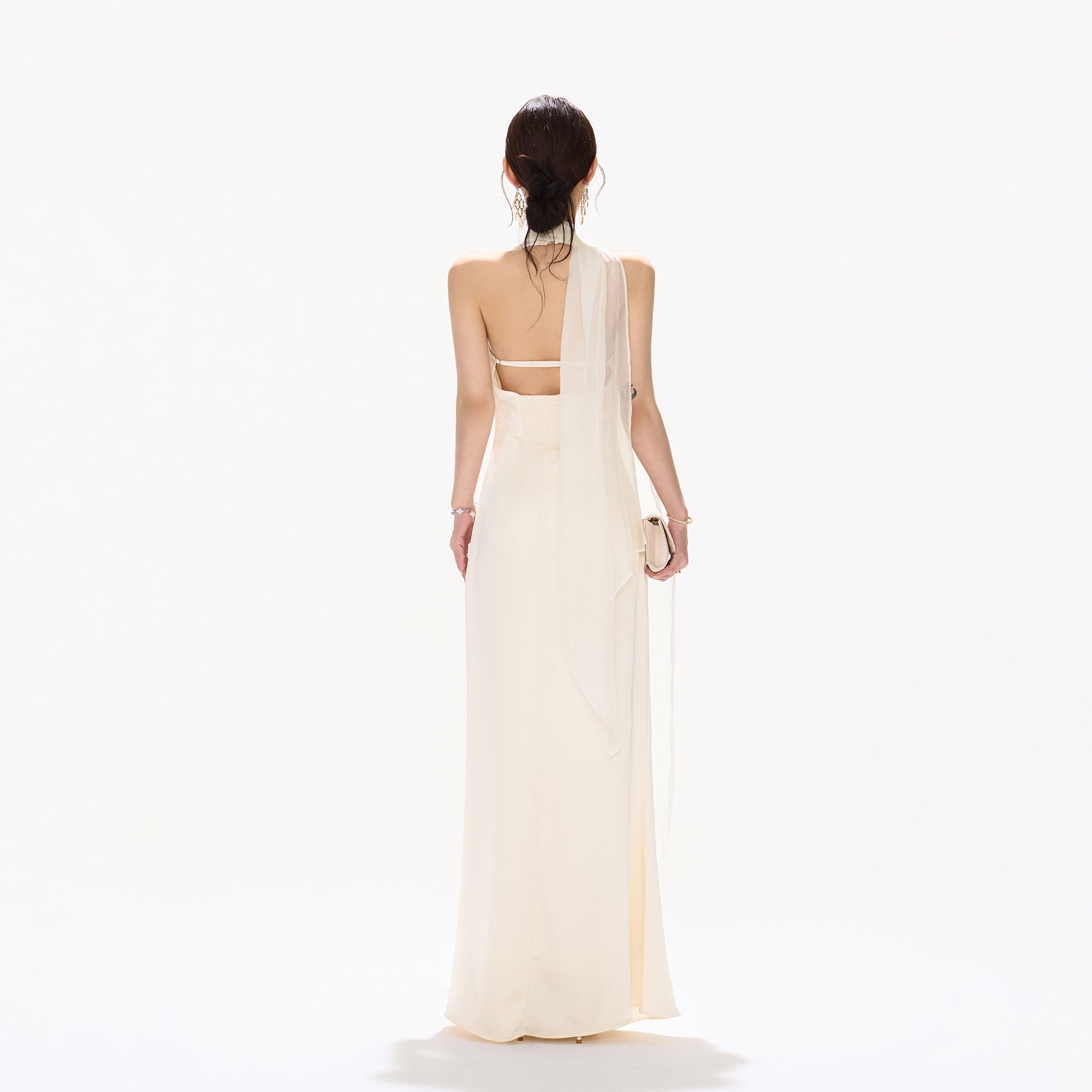 CYNR Draped Scarf-Neck Open-Back Satin Maxi Dress