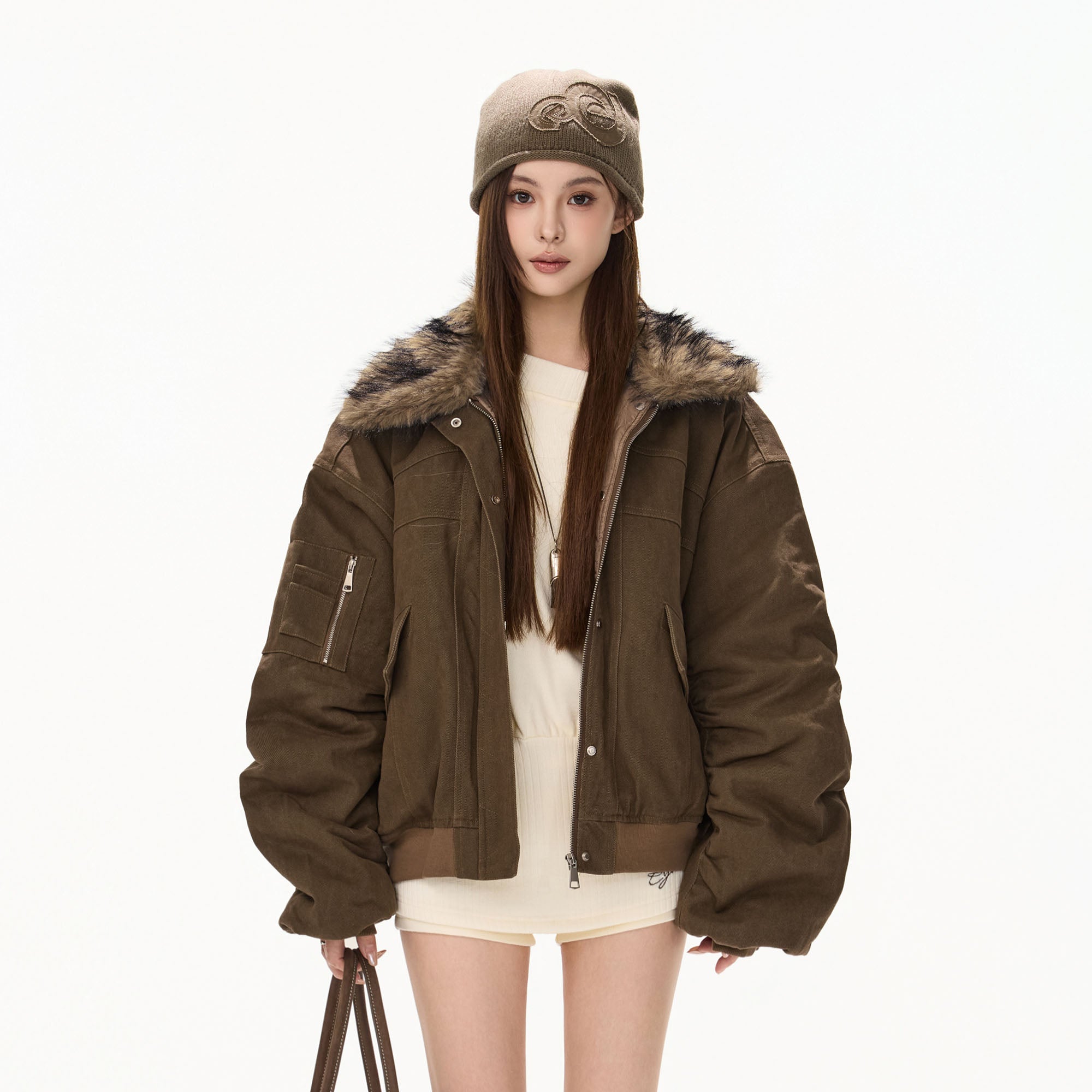CYGNENOYR Faux Fur-Trim Utility Bomber Jacket