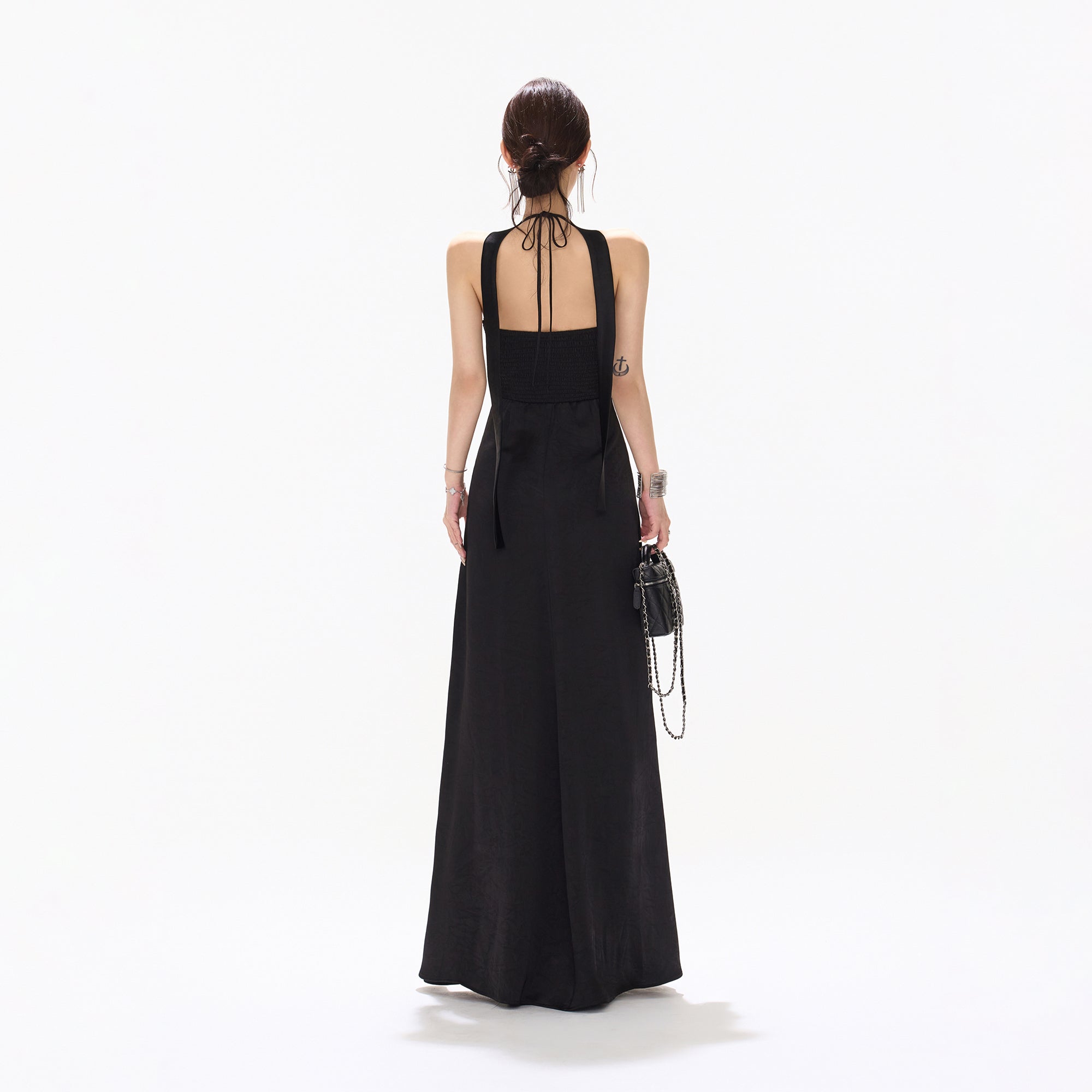 CYNR Ruched Waist Lace V-Neck Halter Maxi Dress