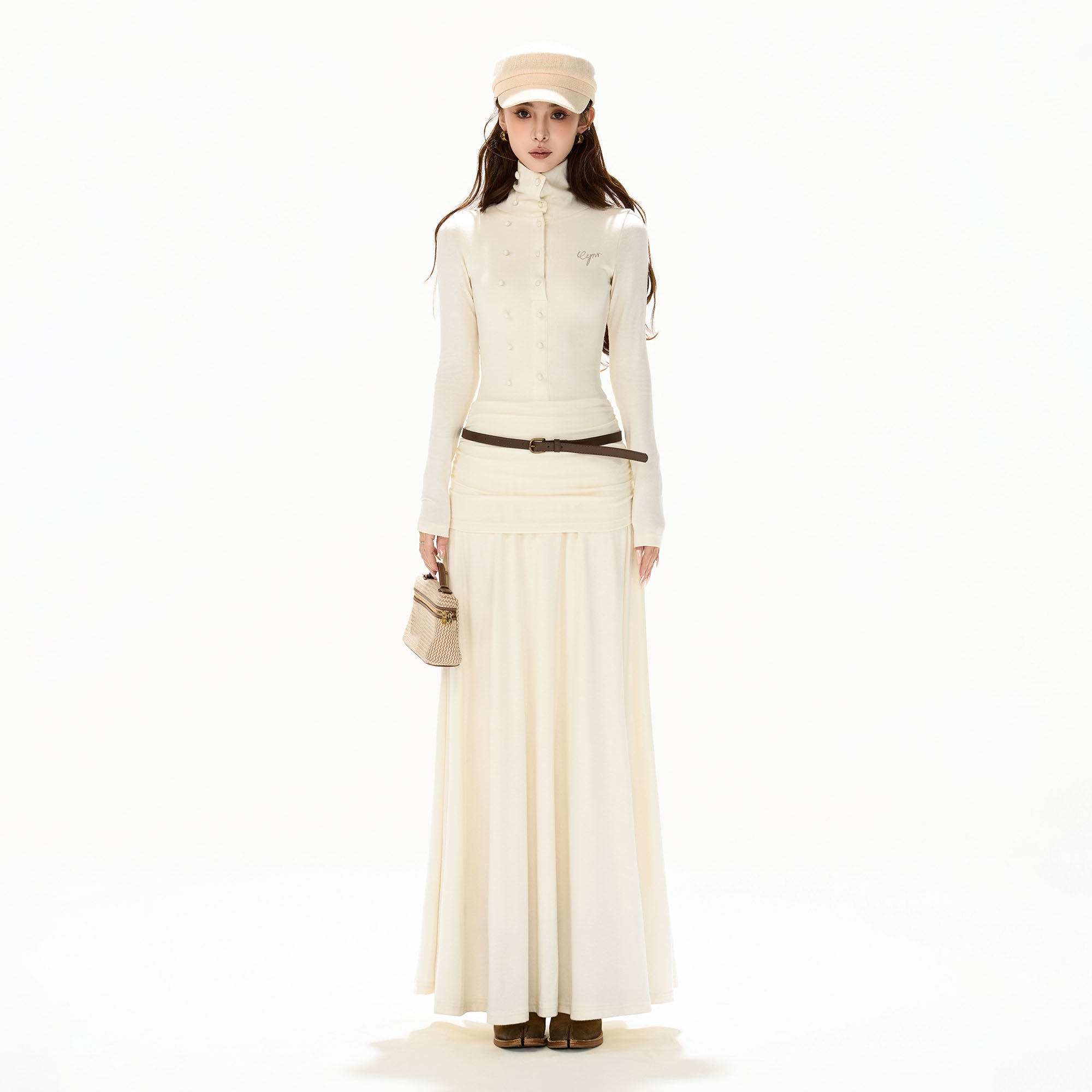 CYGNENOYR Modern Ruched-Waist Double-Breasted Maxi Dress