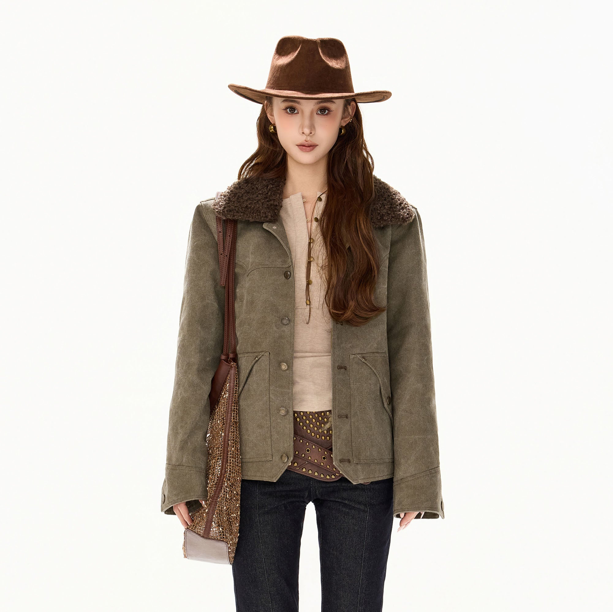 CYGNENOYR Detachable Sherpa Trim Washed Jacket