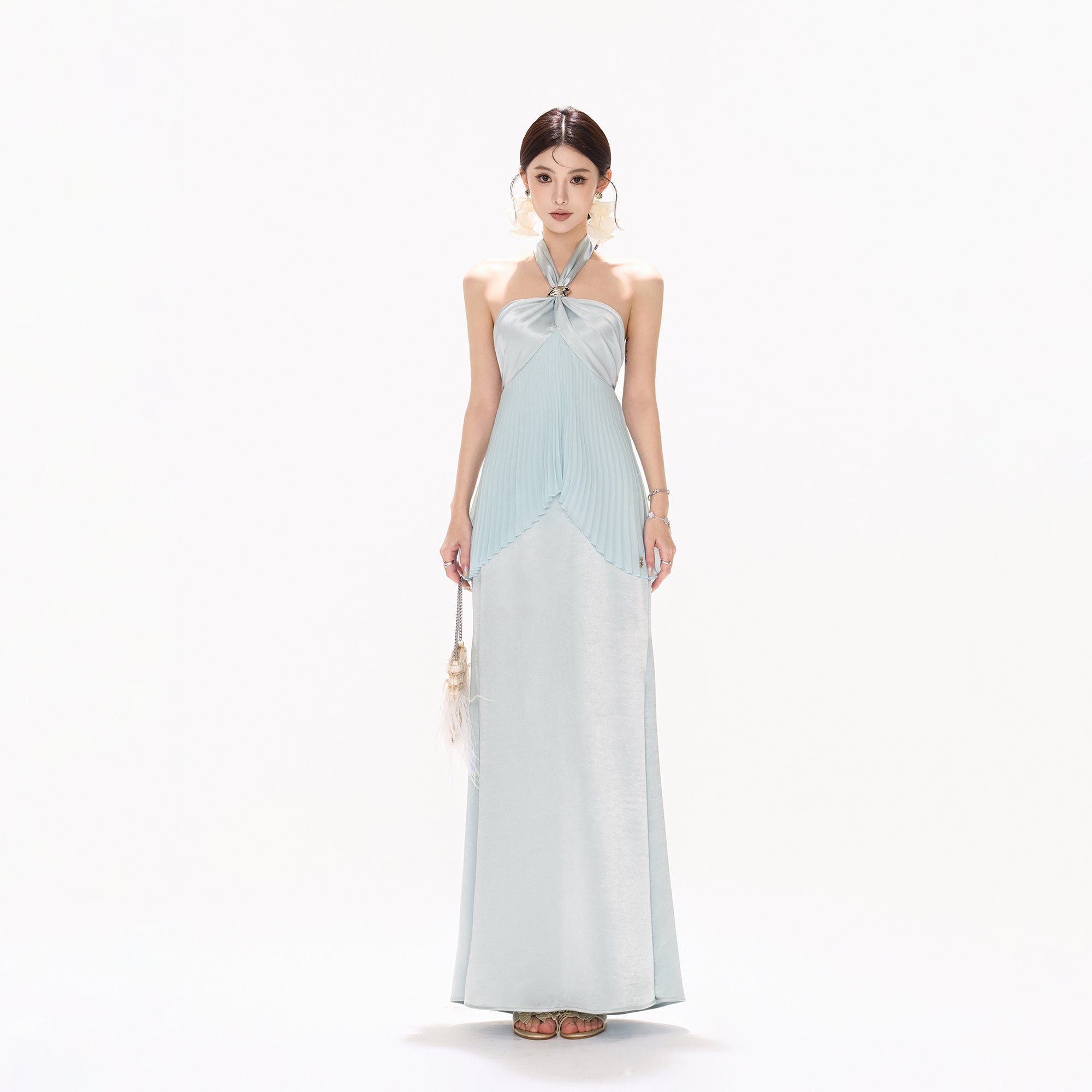 CYNR Pleated Tie-Neck Halter Maxi Dress