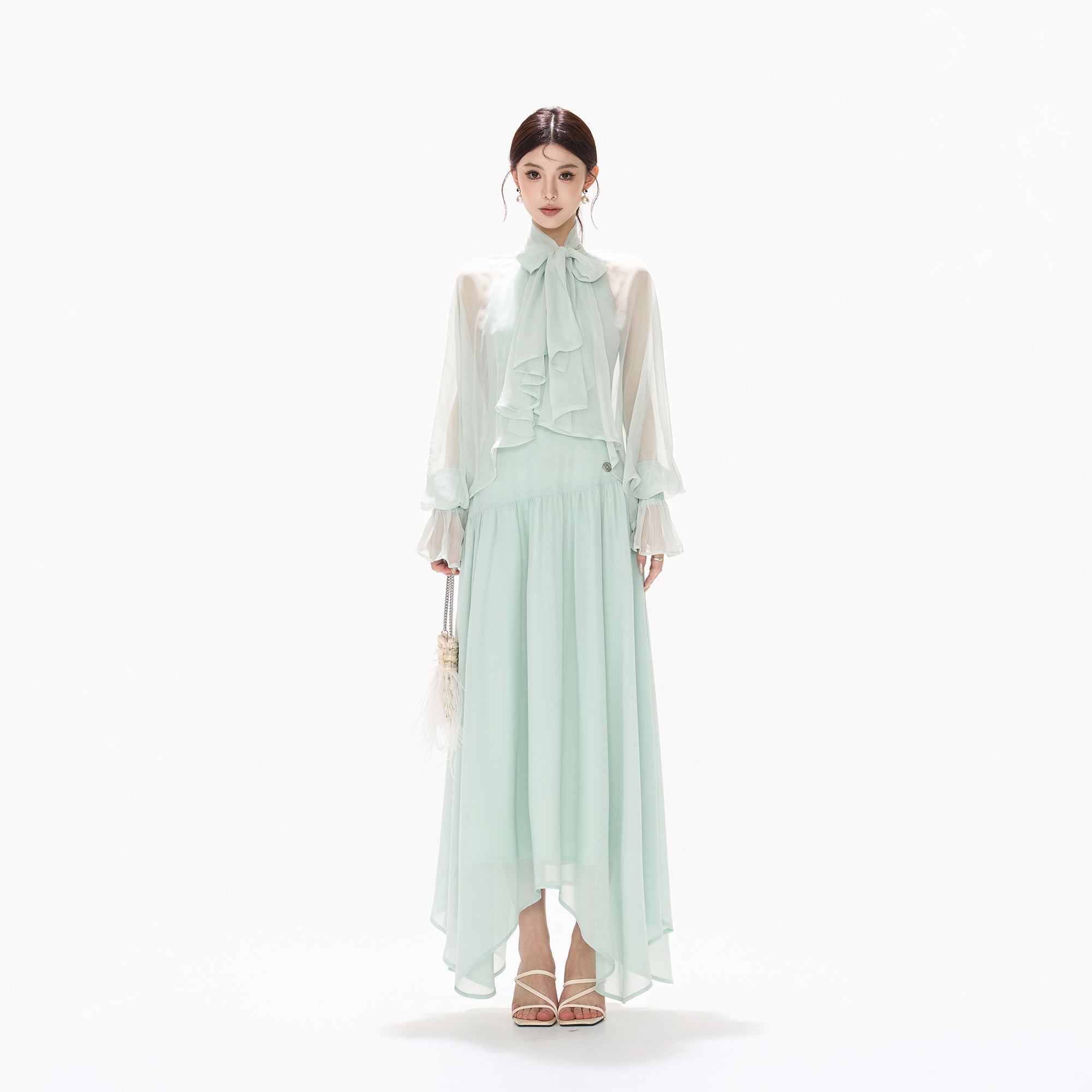CYNR Ruffle Bow-Neck Asymmetrical Chiffon Dress