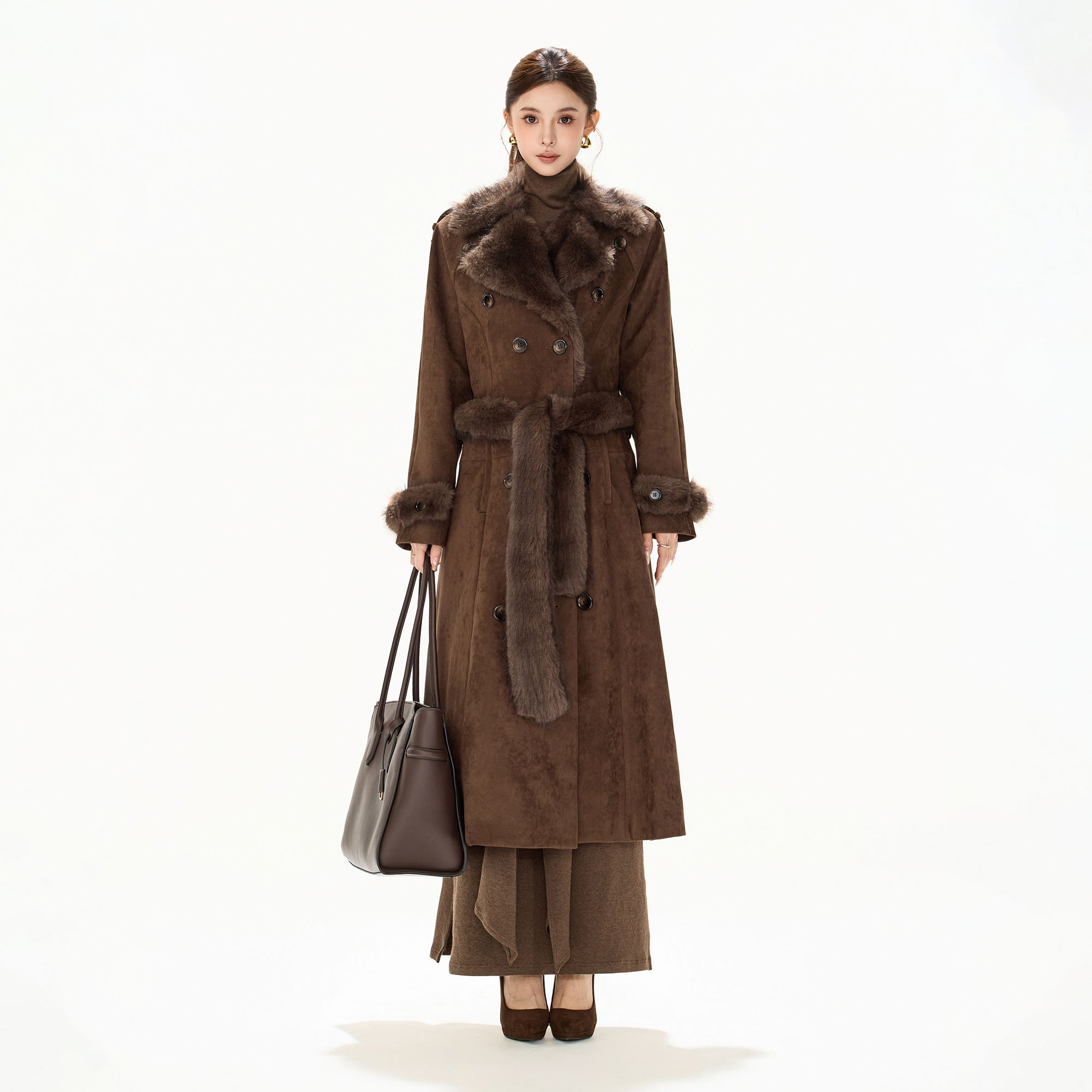 CYGNENOYR Faux-Fur Trim Faux Suede Belted Long Coat