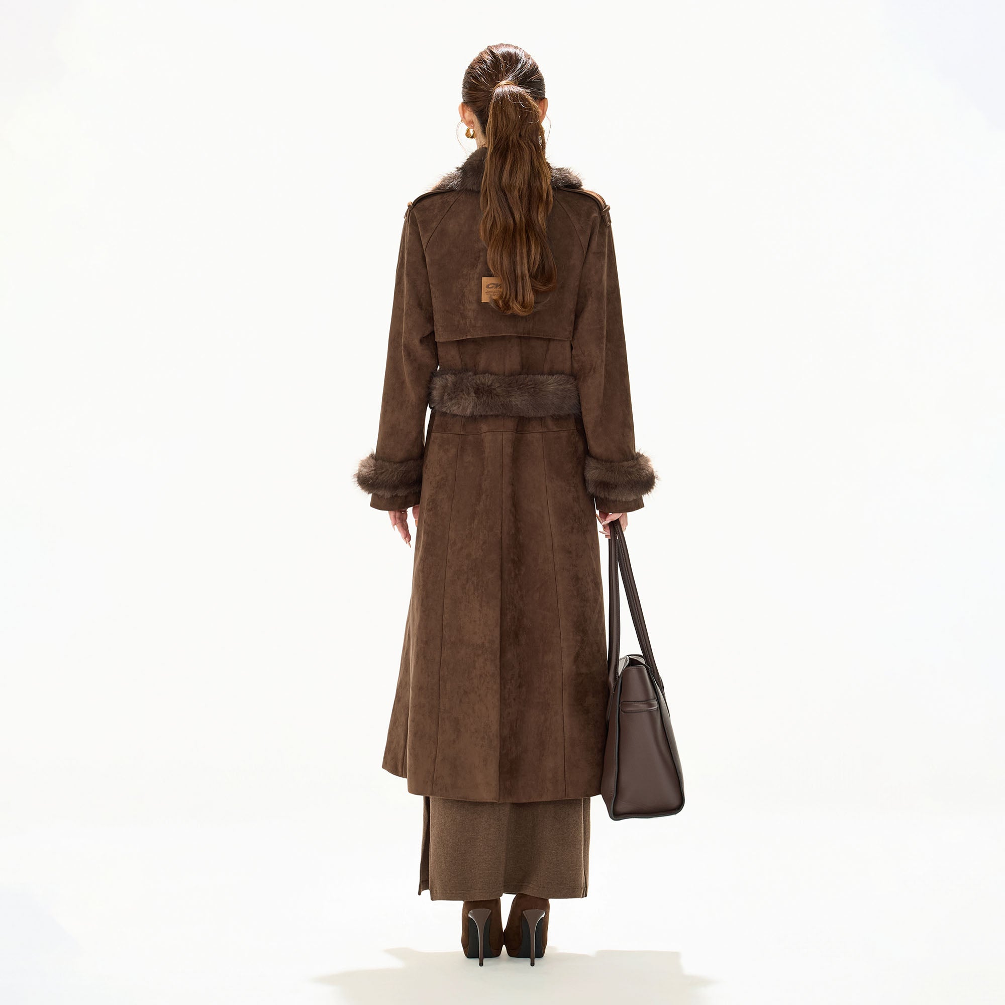 CYGNENOYR Faux-Fur Trim Faux Suede Belted Long Coat