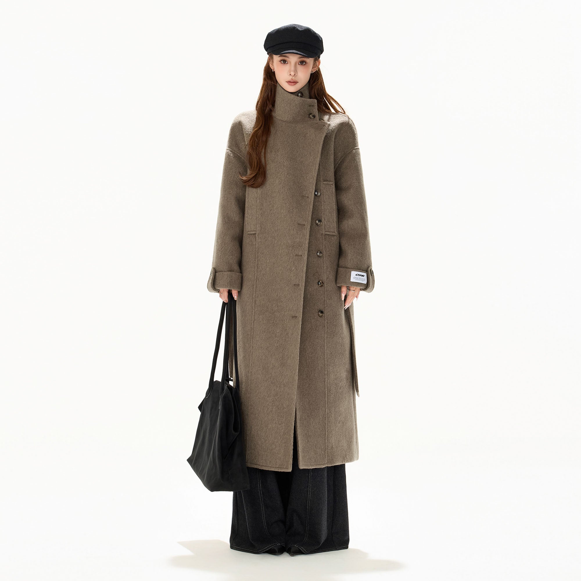CYGNENOYR Modern Asymmetric Belted Longline Coat