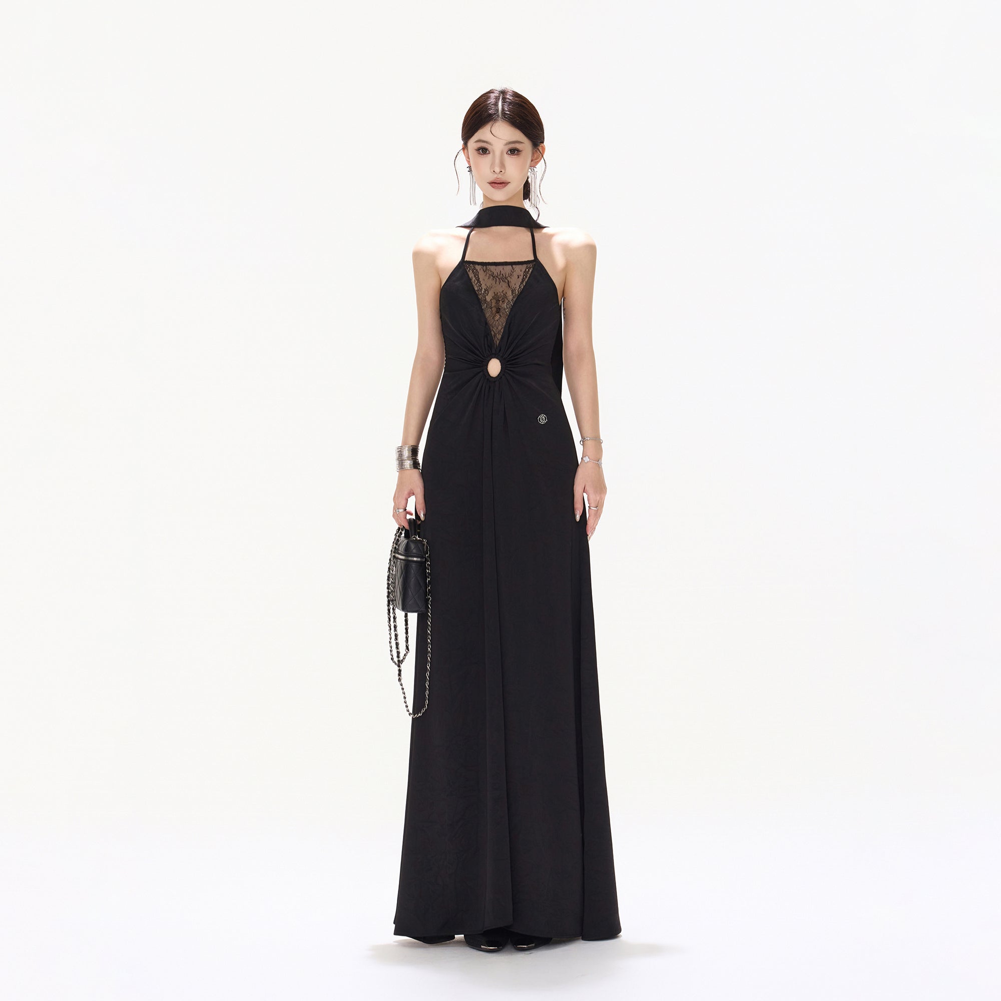 CYNR Ruched Waist Lace V-Neck Halter Maxi Dress