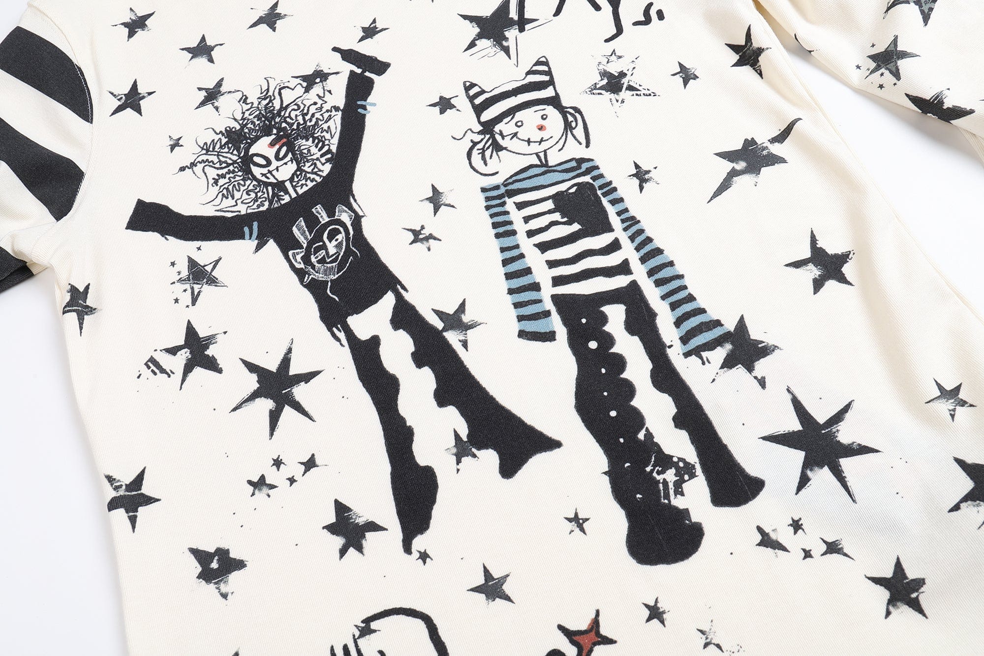 FAYCHUI Cartoon Graphic Stripe-Sleeve Long Sleeve Tee