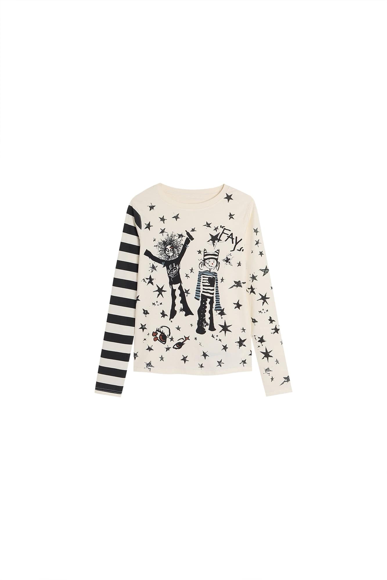 FAYCHUI Cartoon Graphic Stripe-Sleeve Long Sleeve Tee