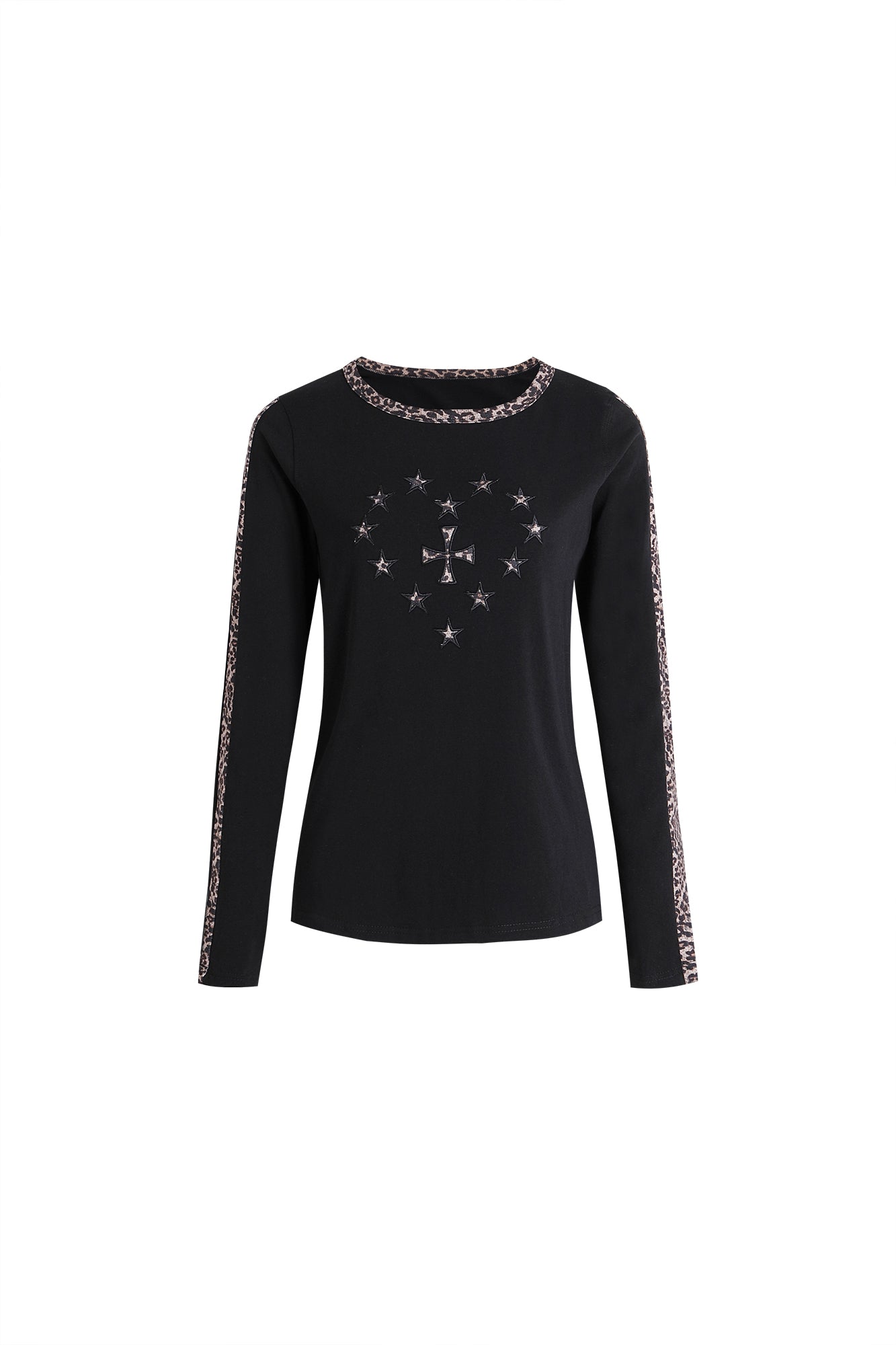 FAYCHUI Leopard Trim Cross-Star Graphic Long Sleeve Tee