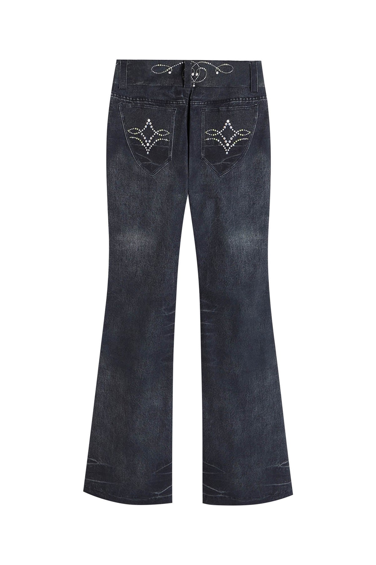 FAYCHUI Retro Gemstone Floral Flared Low-Rise Jeans