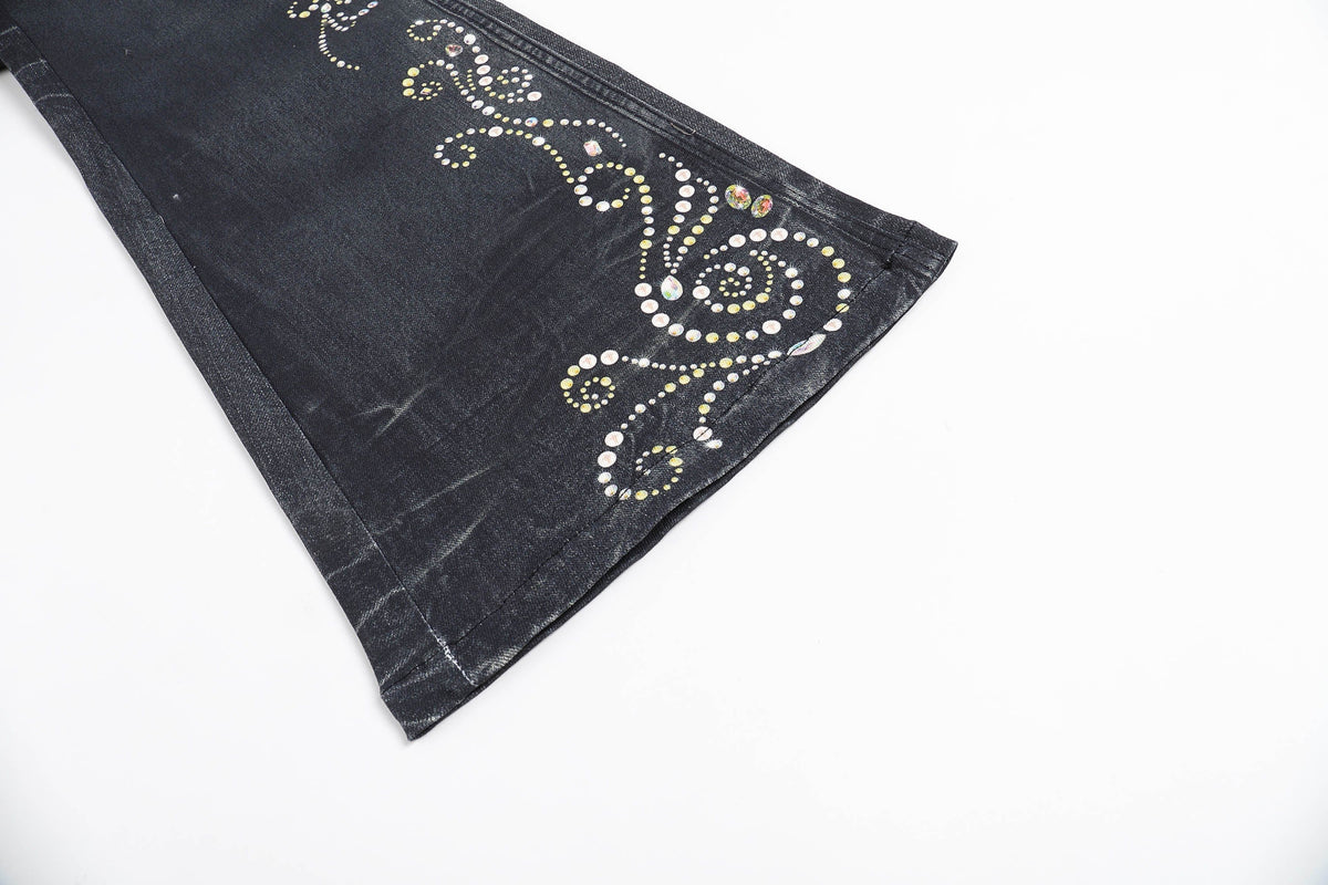FAYCHUI Retro Gemstone Floral Flared Low-Rise Jeans