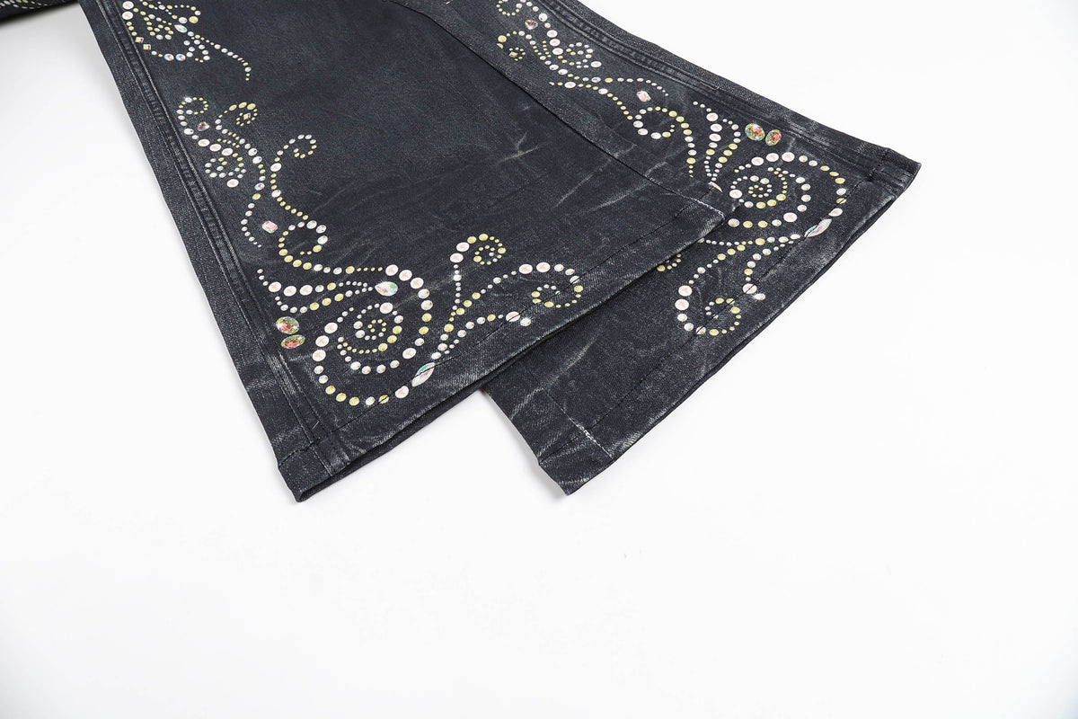 FAYCHUI Retro Gemstone Floral Flared Low-Rise Jeans